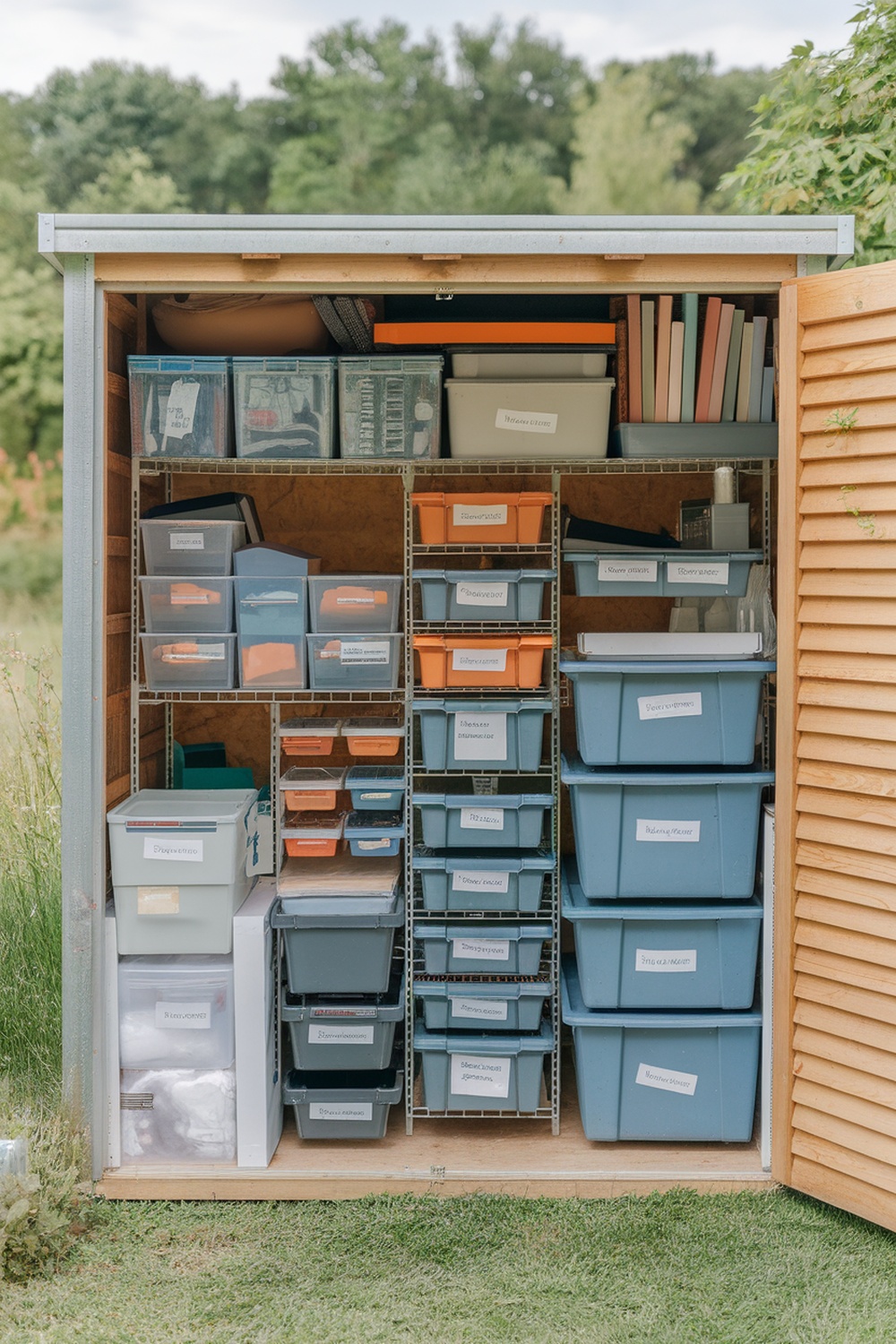 Organized shed with labeled storage bins for event supplies