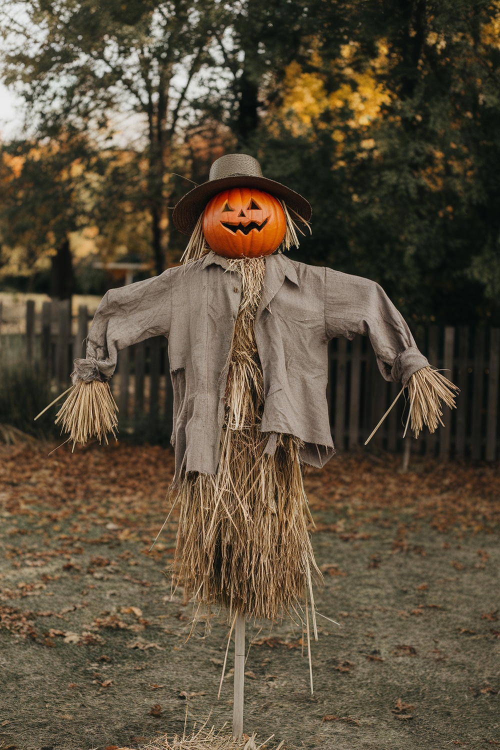 A scarecrow with a pumpkin head wearing a shirt and straw arms, set in a lawn.