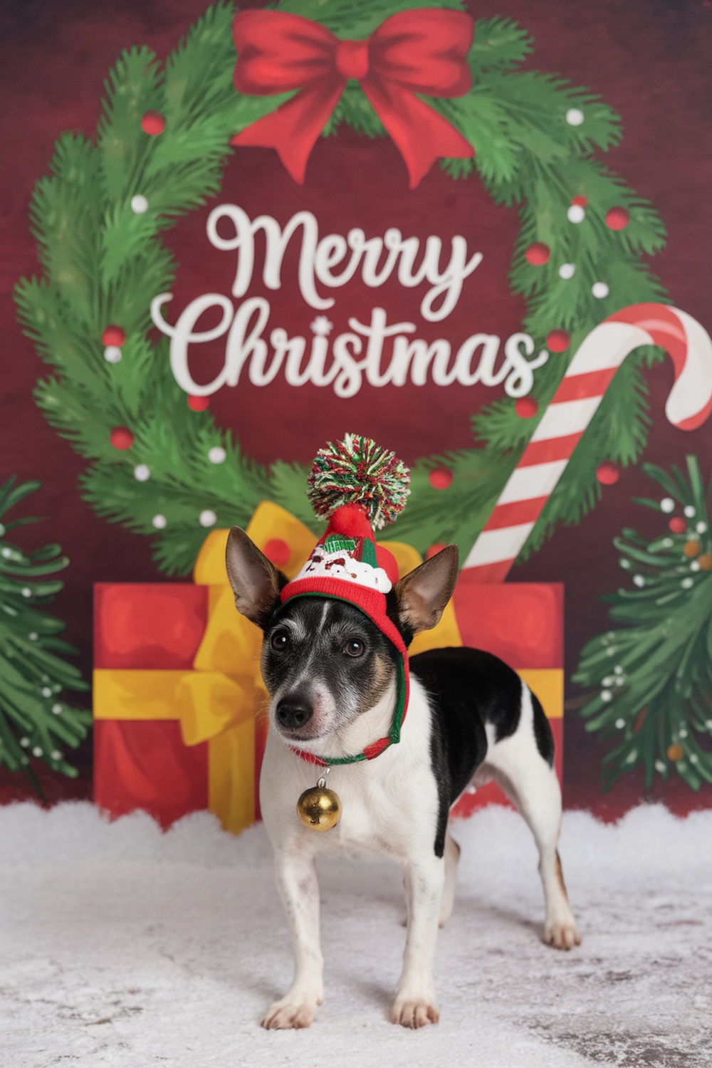 A Rat Terrier wearing a festive hat in front of a Christmas backdrop
