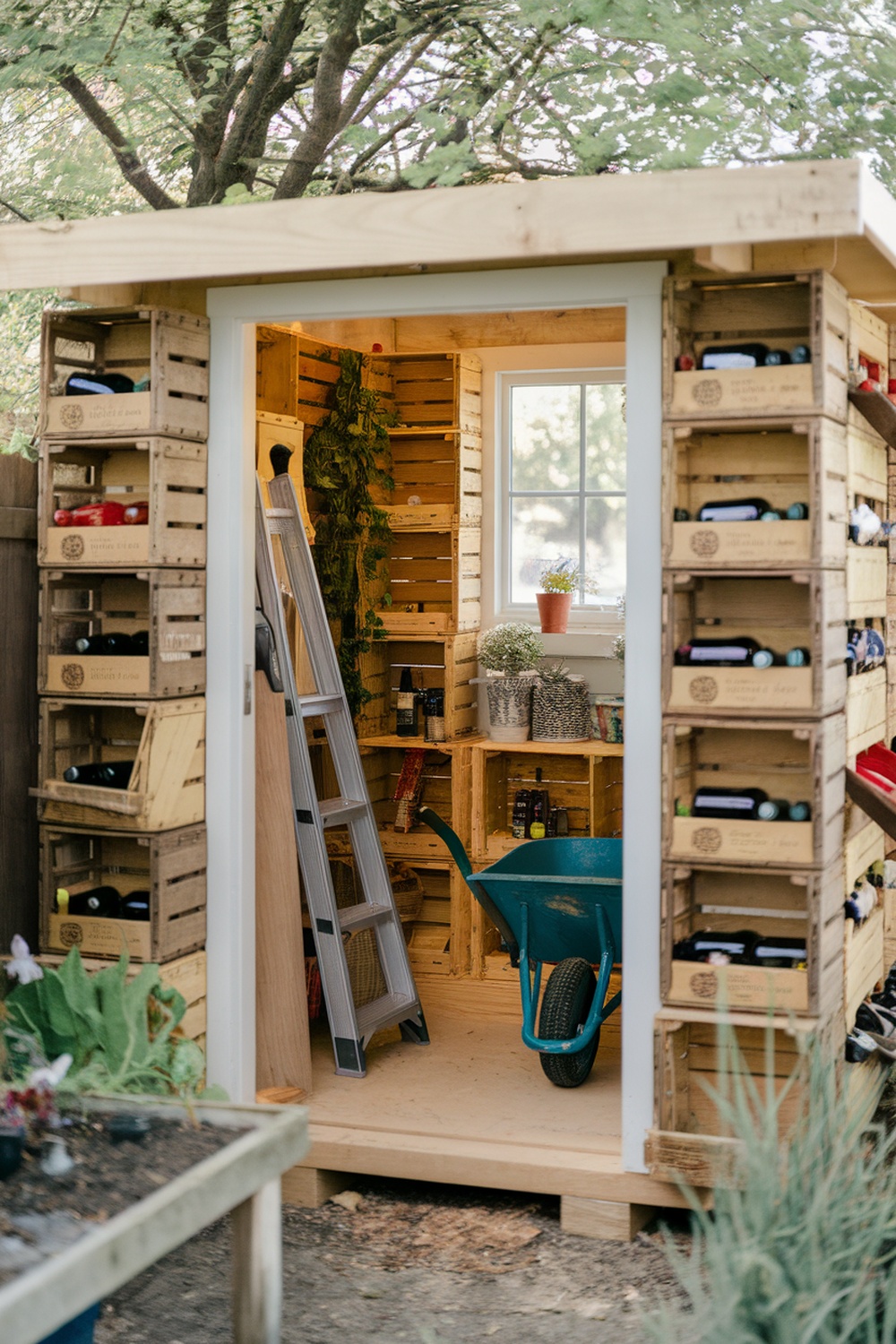 Interior of a small shed featuring repurposed wine crates for storage.
