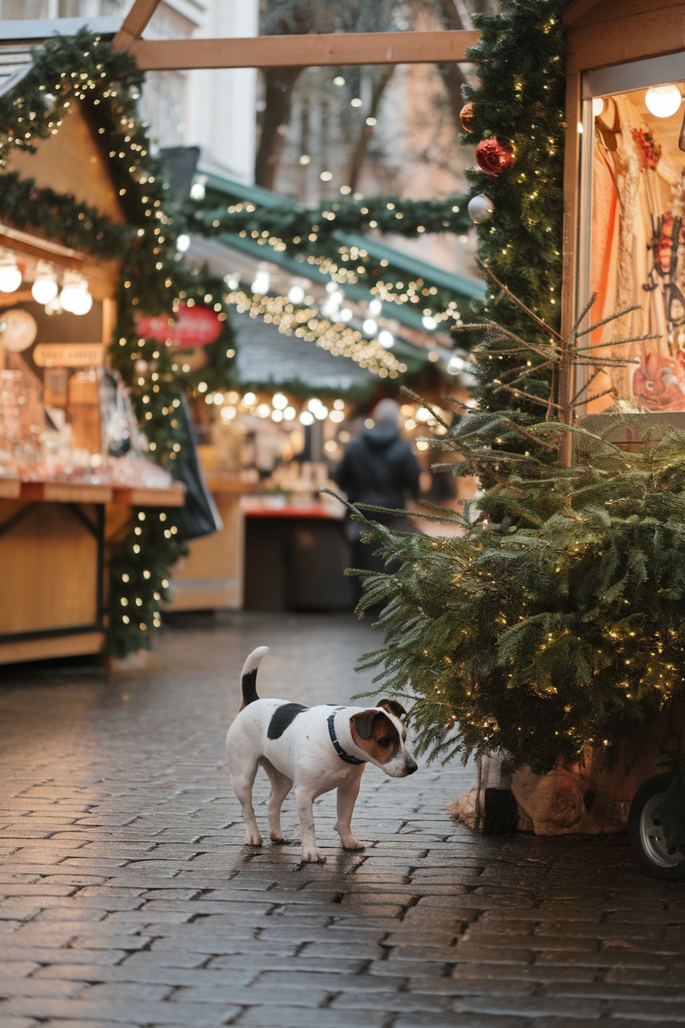 A Russell Terrier in a Christmas market setting, with festive decorations and lights.