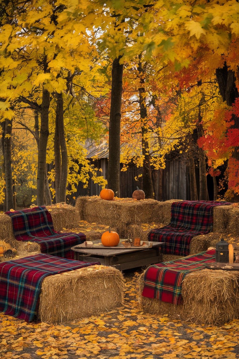 A rustic outdoor seating area made of hay bales, decorated with plaid blankets and pumpkins, surrounded by colorful autumn leaves.