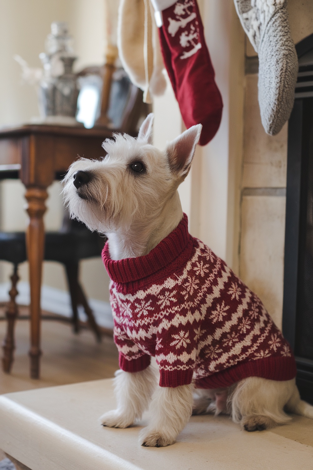 Scottish Terrier wearing a red and white Christmas sweater sitting by a fireplace.