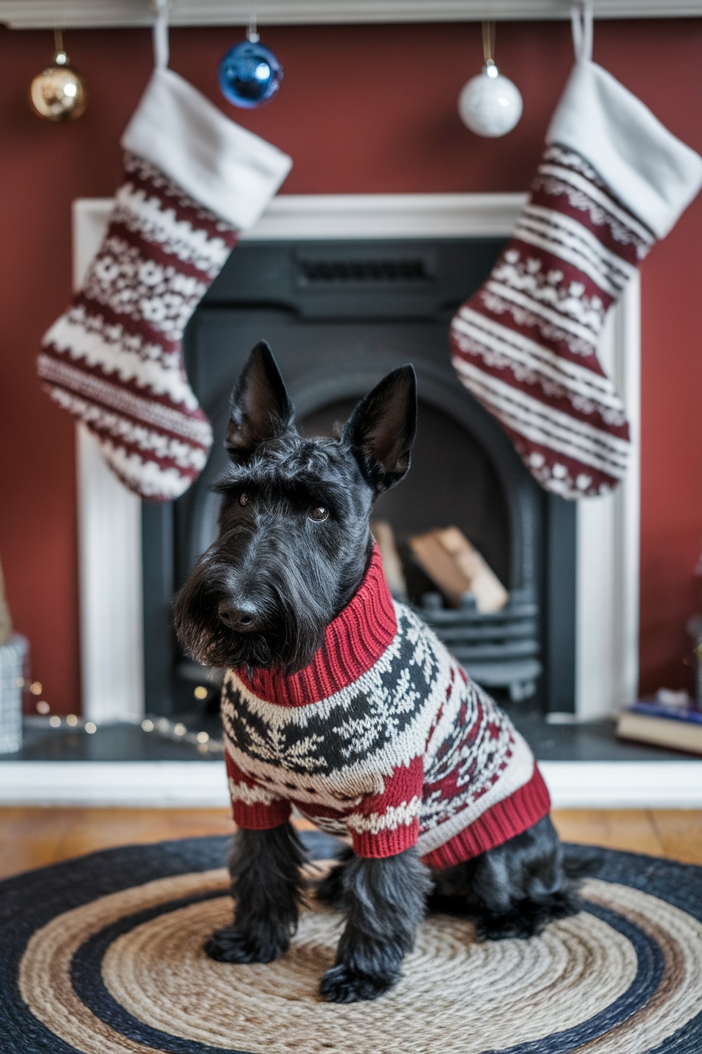 A Scottish Terrier wearing a holiday sweater sitting in front of a fireplace with Christmas stockings.