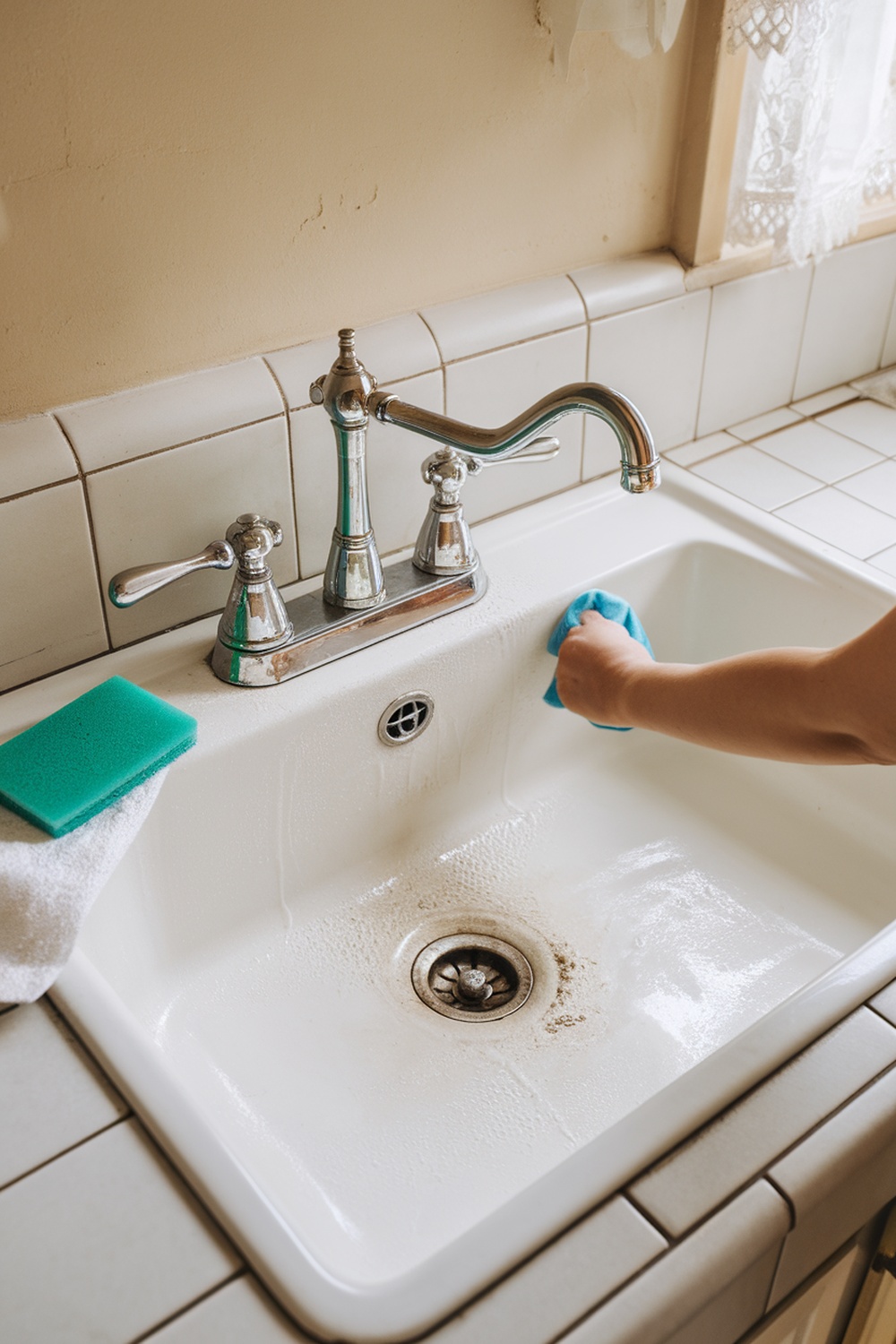 A person scrubbing a sink and faucet with a blue cloth and sponge.