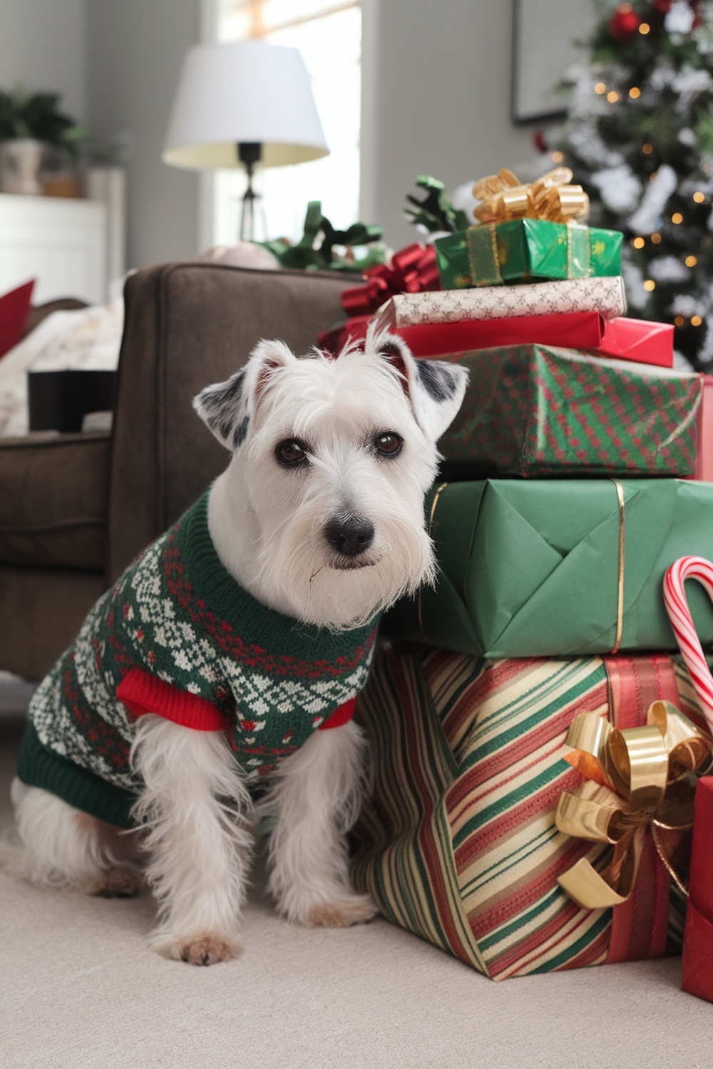 A Sealyham Terrier wearing a Christmas sweater, sitting beside colorful wrapped gifts.