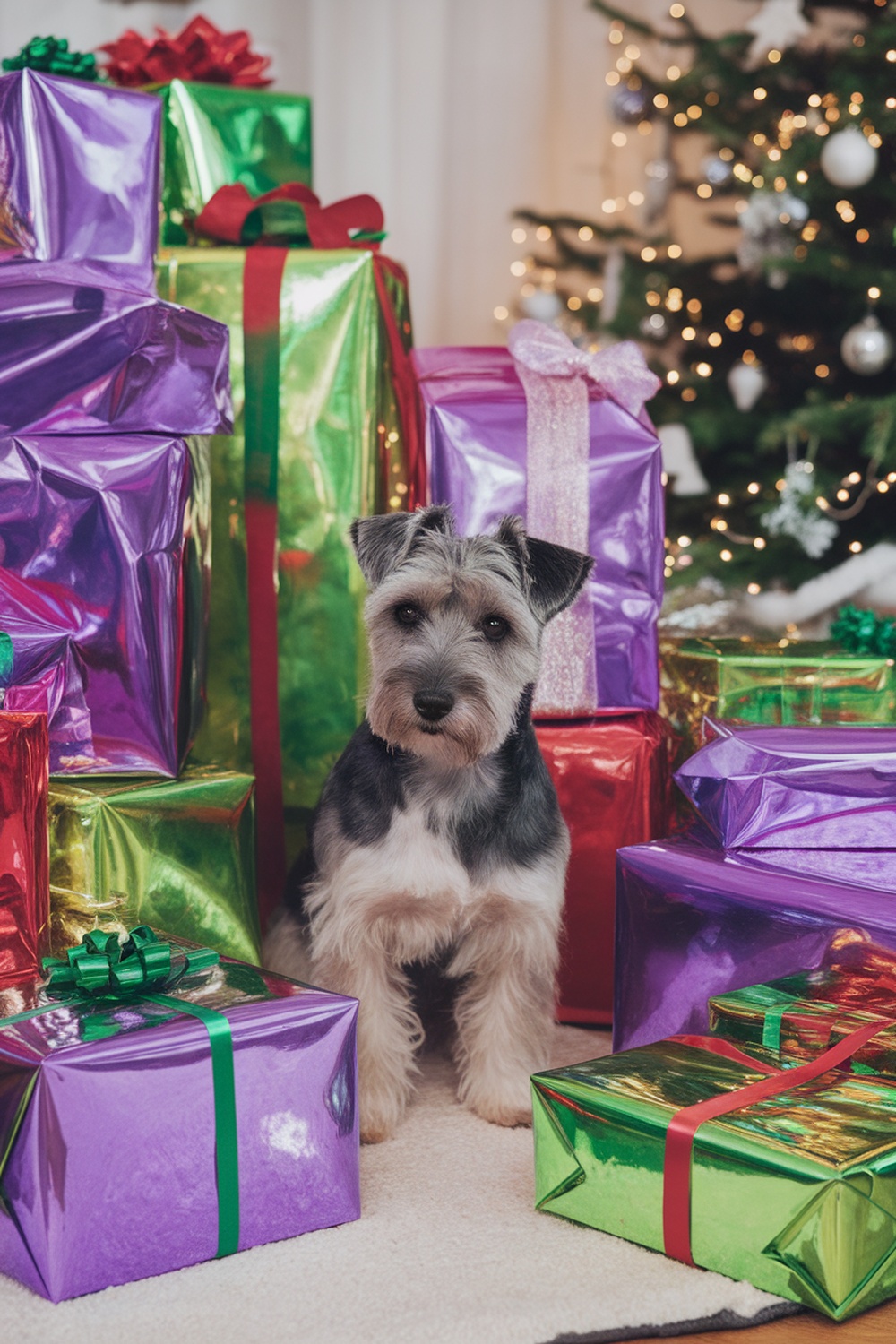 A Sealyham Terrier sitting in front of colorful Christmas presents.