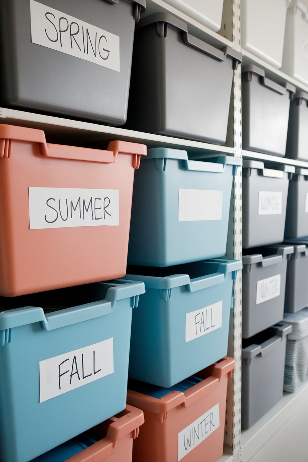 Colorful storage bins labeled for each season on a shelf.