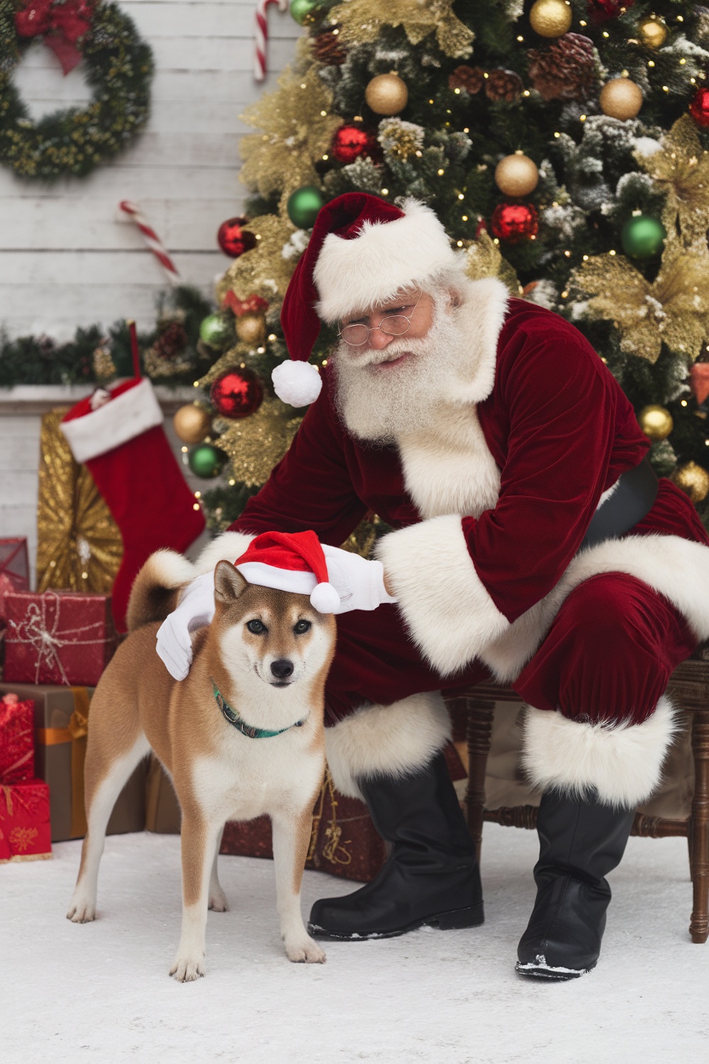 A Shiba Inu mix wearing a Santa hat sitting beside Santa Claus in a festive setting.