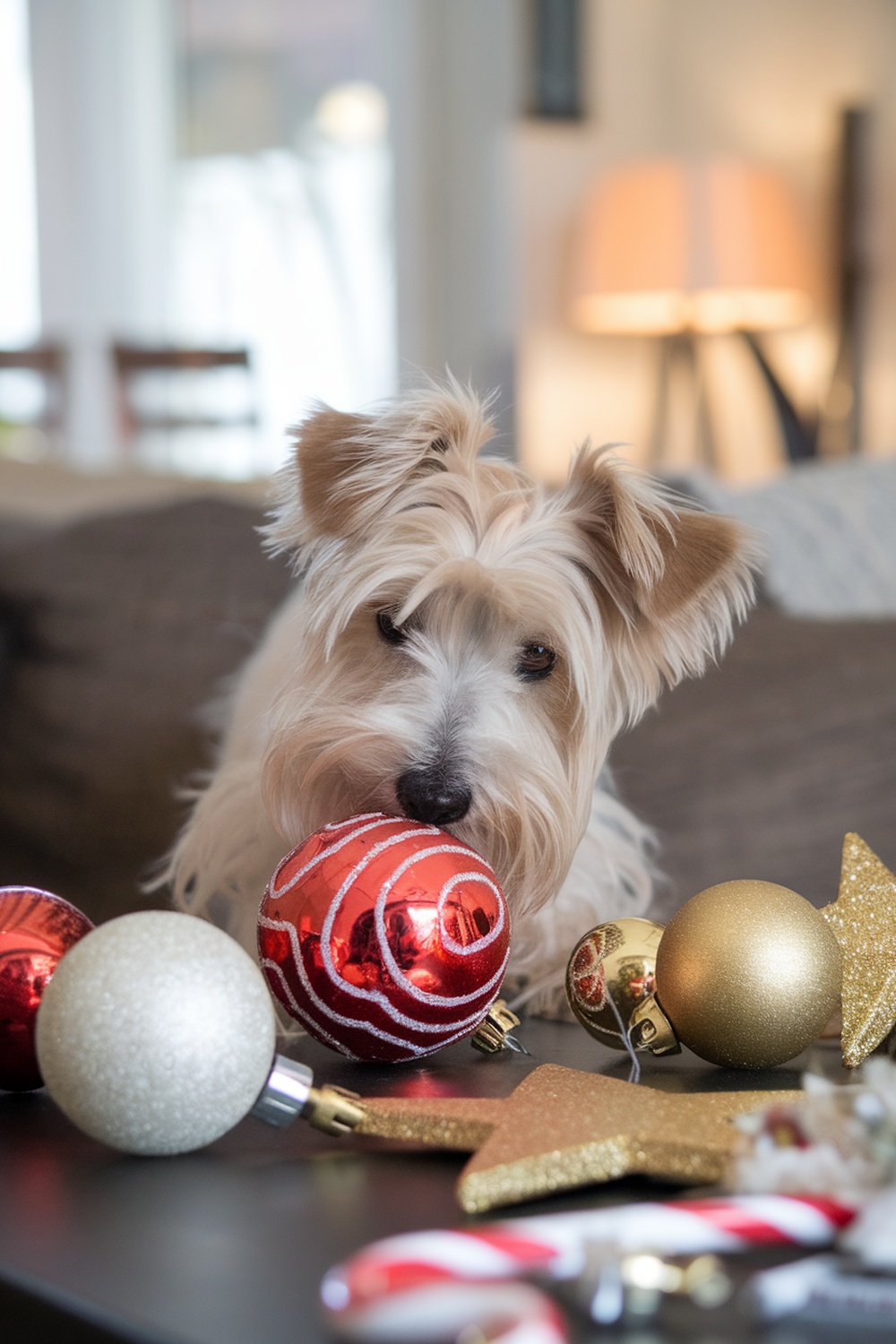 A Silky Terrier playing with Christmas ornaments on a table.