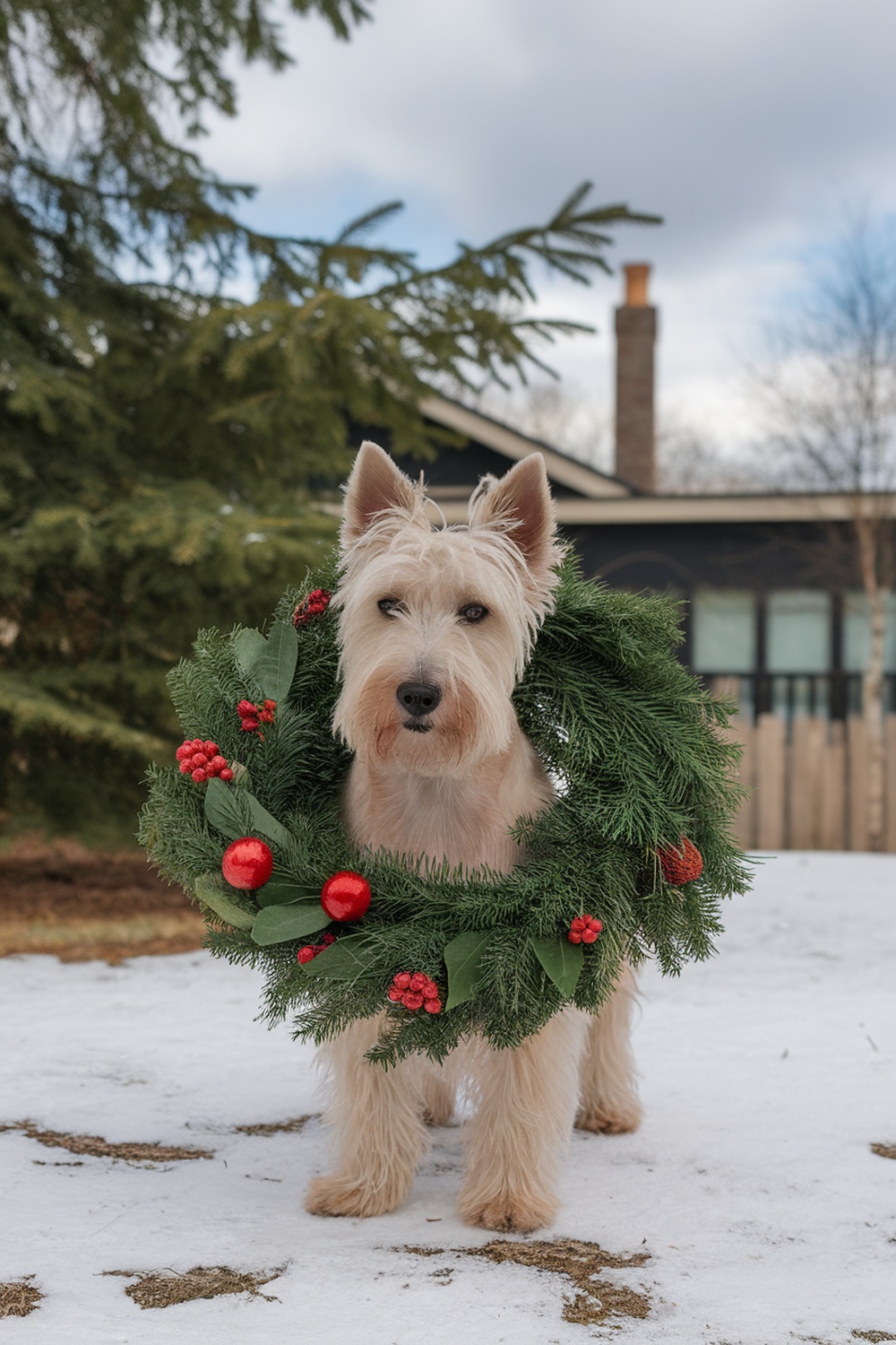 A Skye Terrier wearing a Christmas wreath, surrounded by snow.
