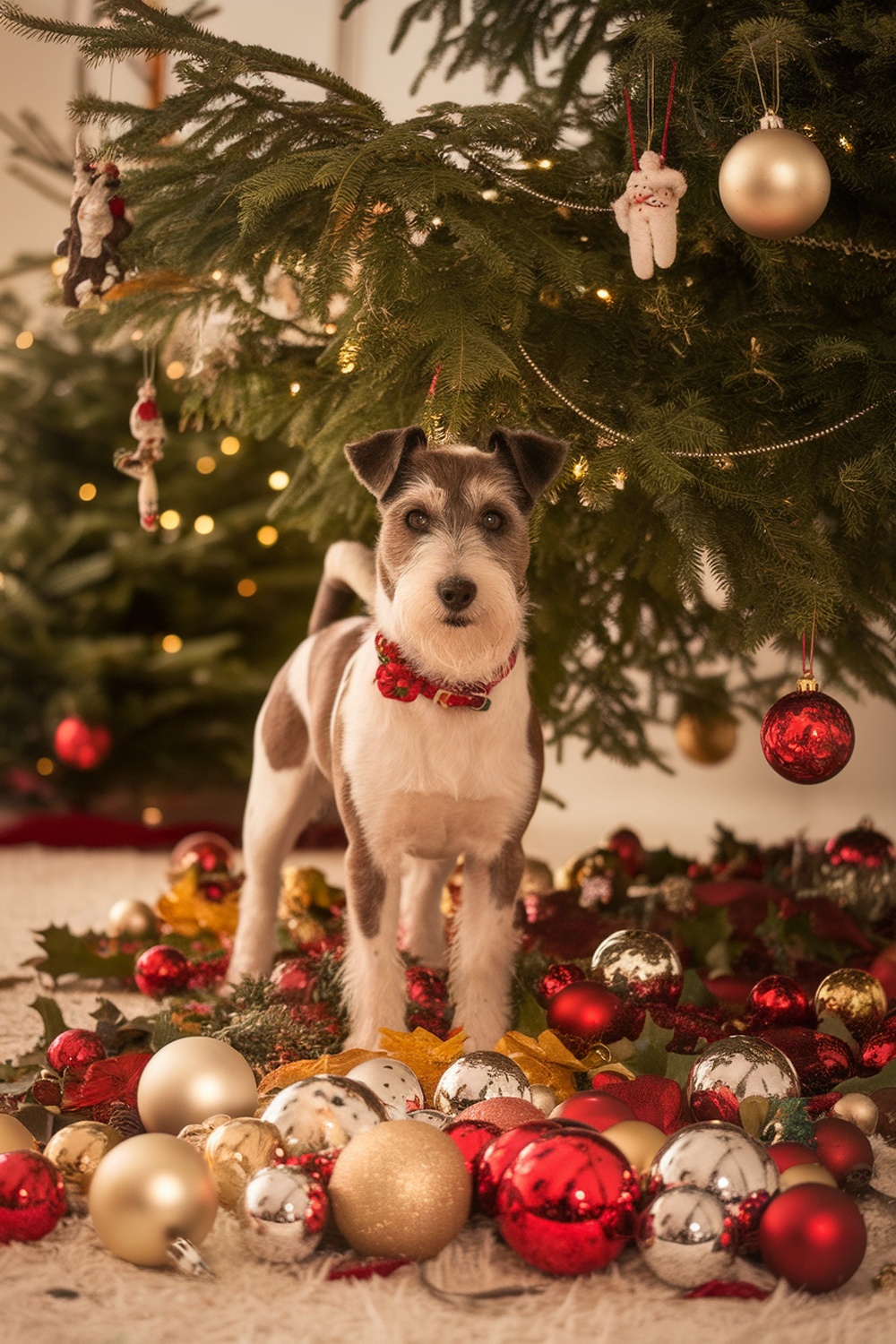 A Smooth Fox Terrier standing among Christmas ornaments and decorations under a tree.