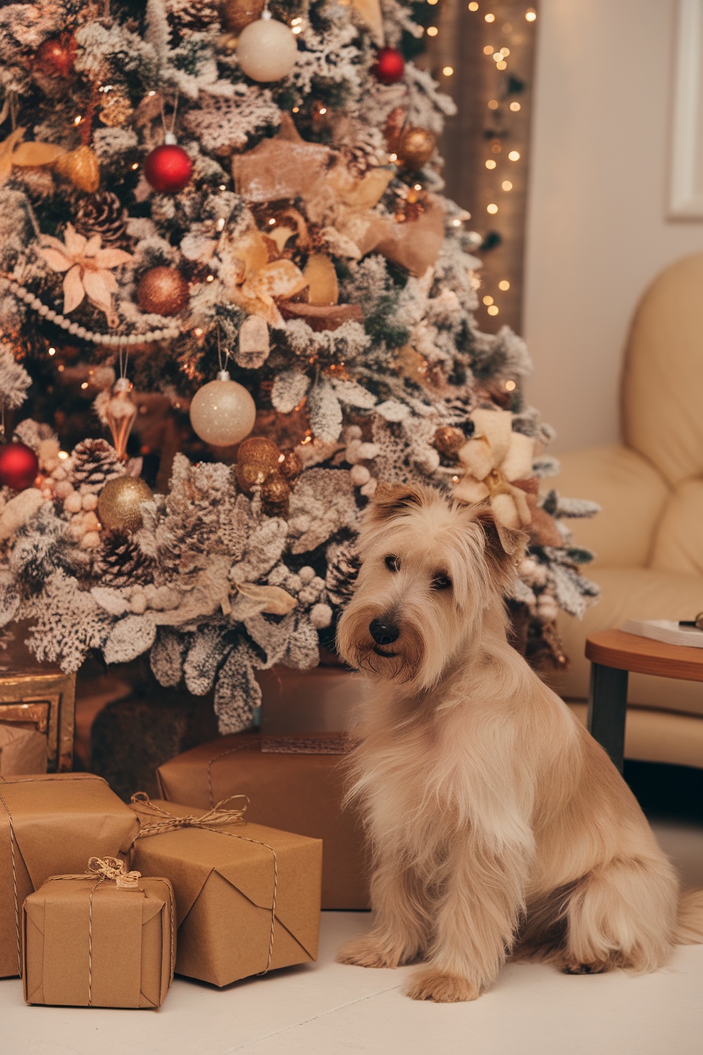 A Soft Coated Wheaten Terrier sitting beside a decorated Christmas tree with gifts.