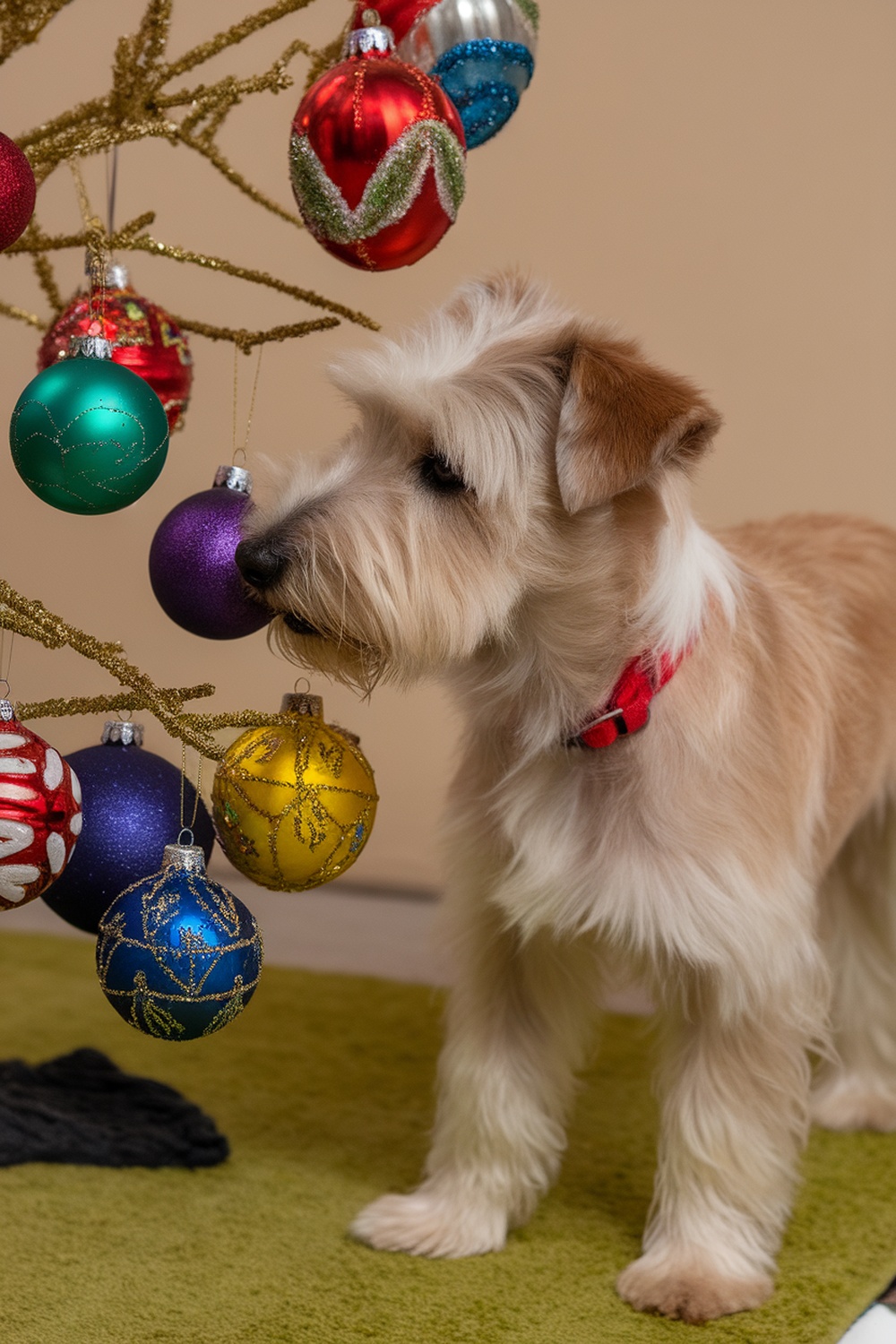 A Soft Coated Wheaten Terrier curiously sniffing colorful Christmas ornaments.