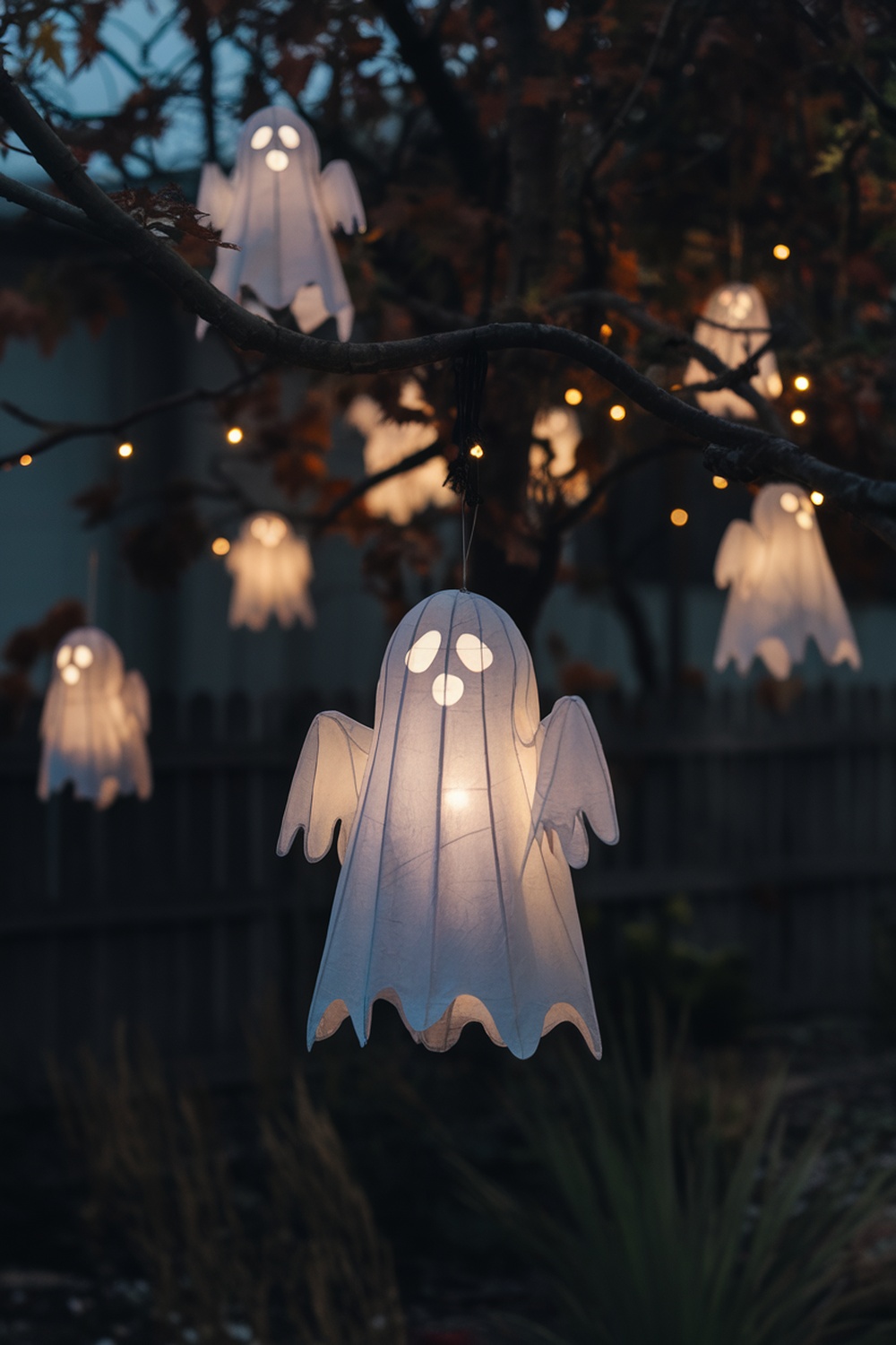Spooky ghost lanterns hanging from a tree, glowing softly in the evening light.