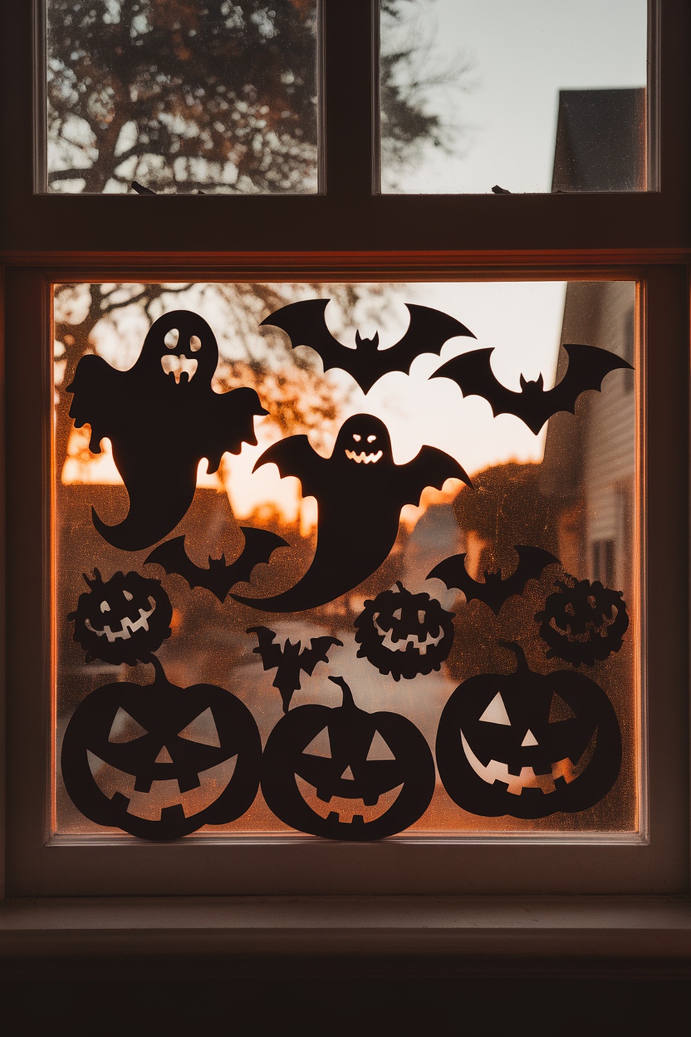 Black paper cutouts of ghosts, bats, and pumpkins on a window at sunset