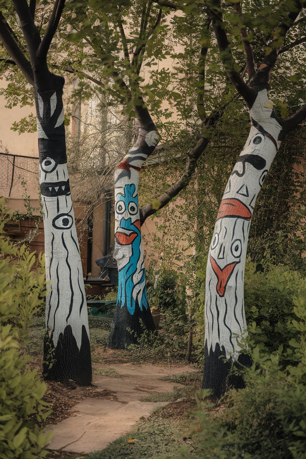 Three trees painted with colorful spooky faces in a garden.