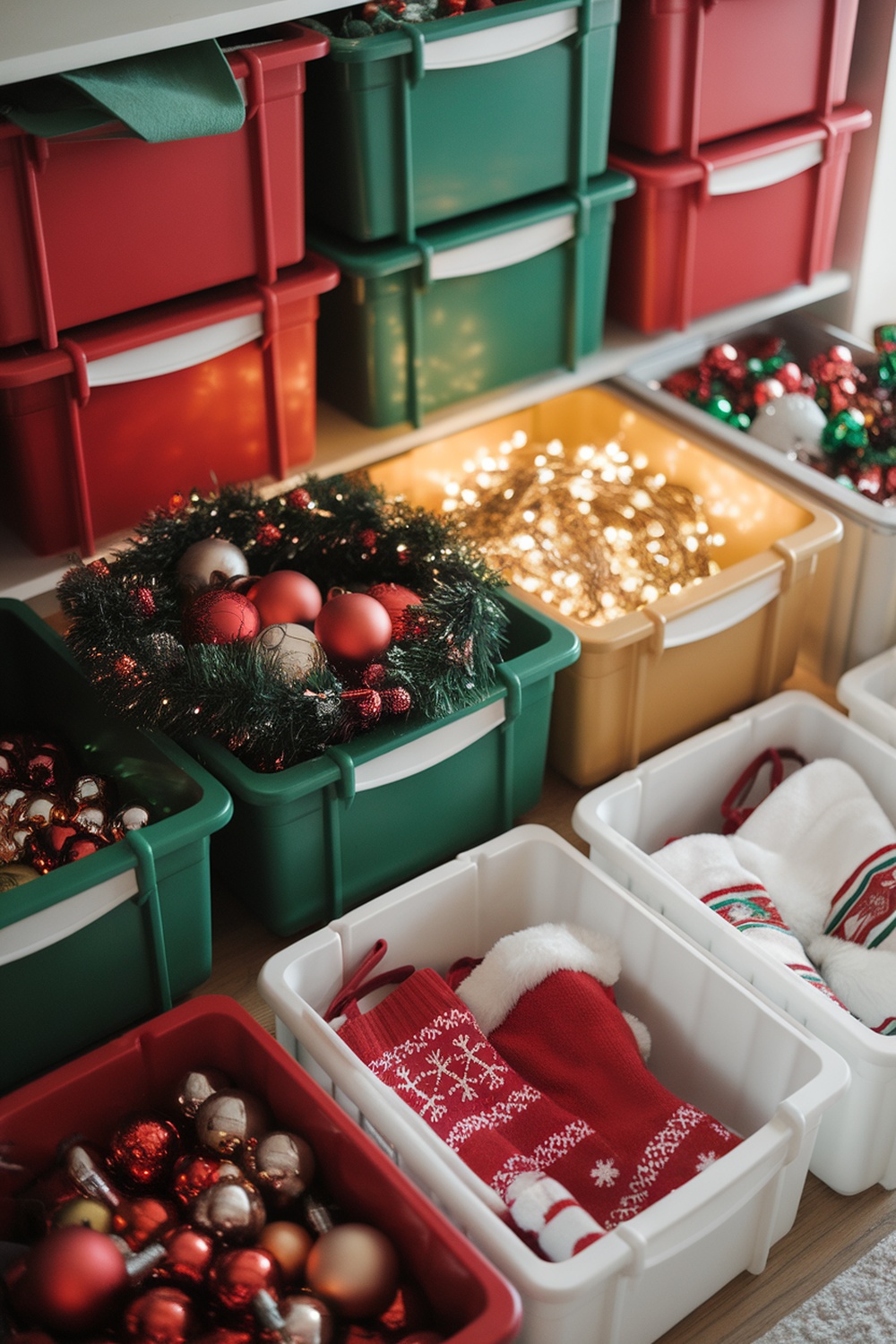 Organized storage bins for holiday decorations in various colors.