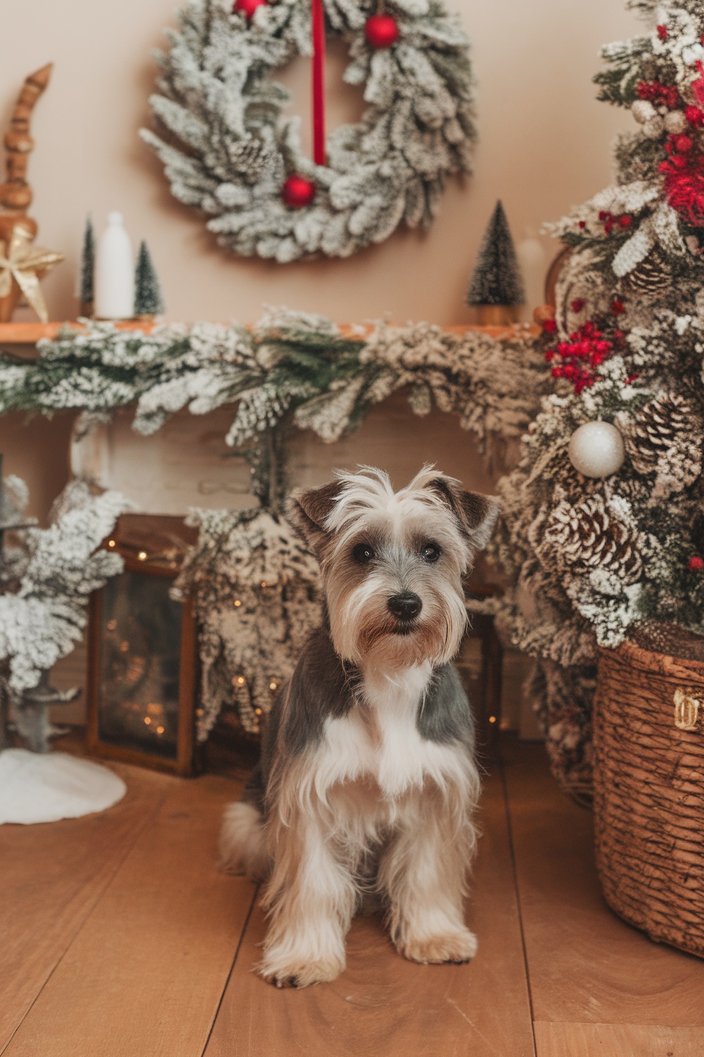 A Tenterfield Terrier sitting in a festive Christmas setting with decorations.