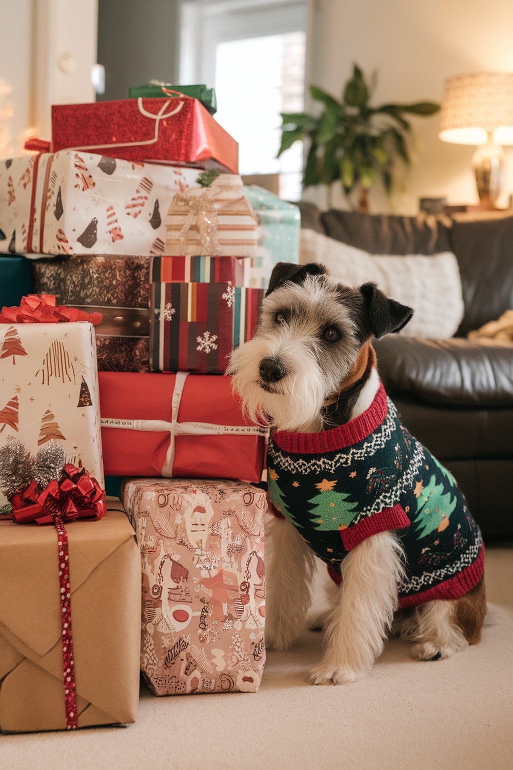 A Tenterfield Terrier in a festive sweater sitting beside a stack of colorful Christmas gifts.