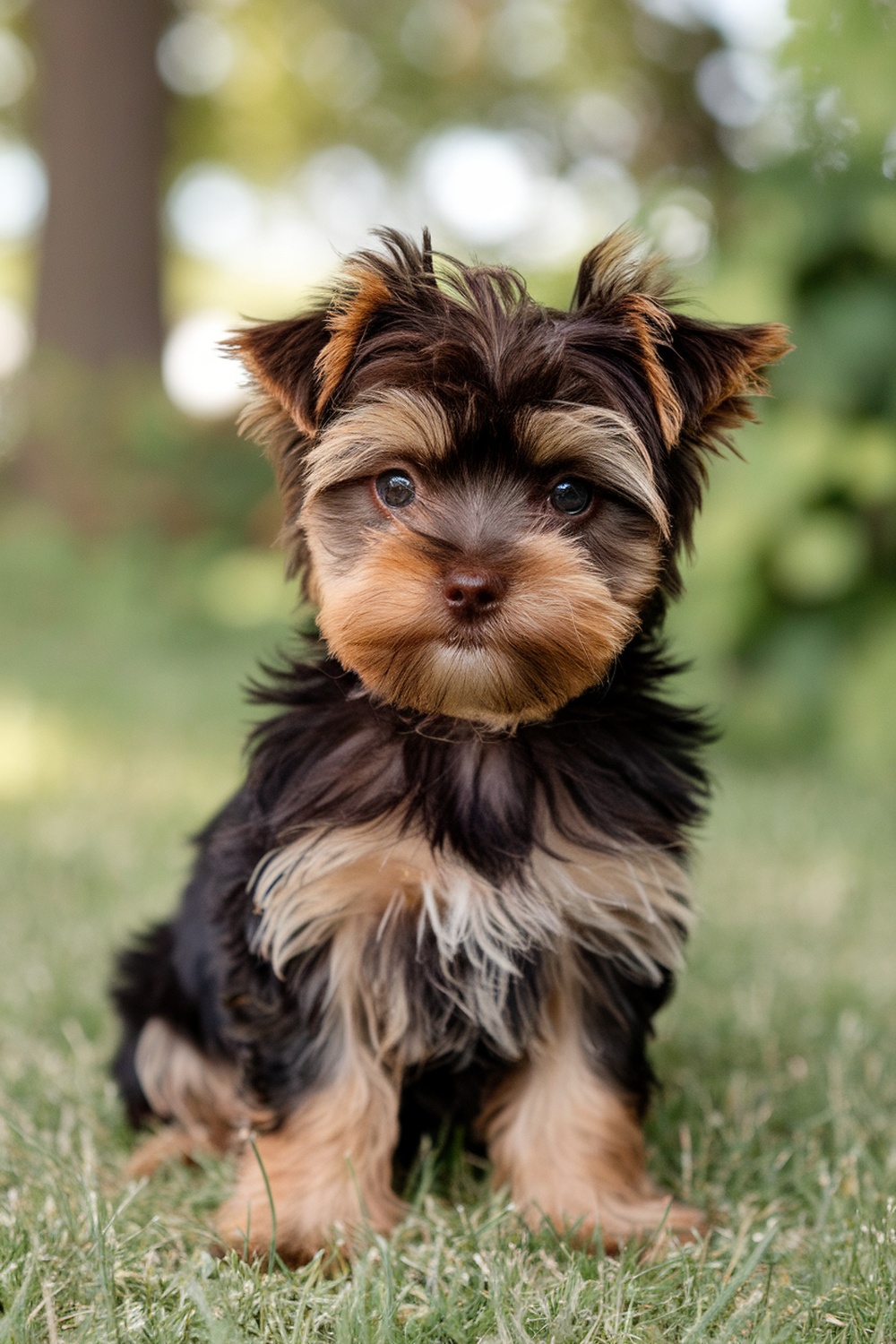 A cute brown Yorkie puppy sitting on grass with a playful expression.