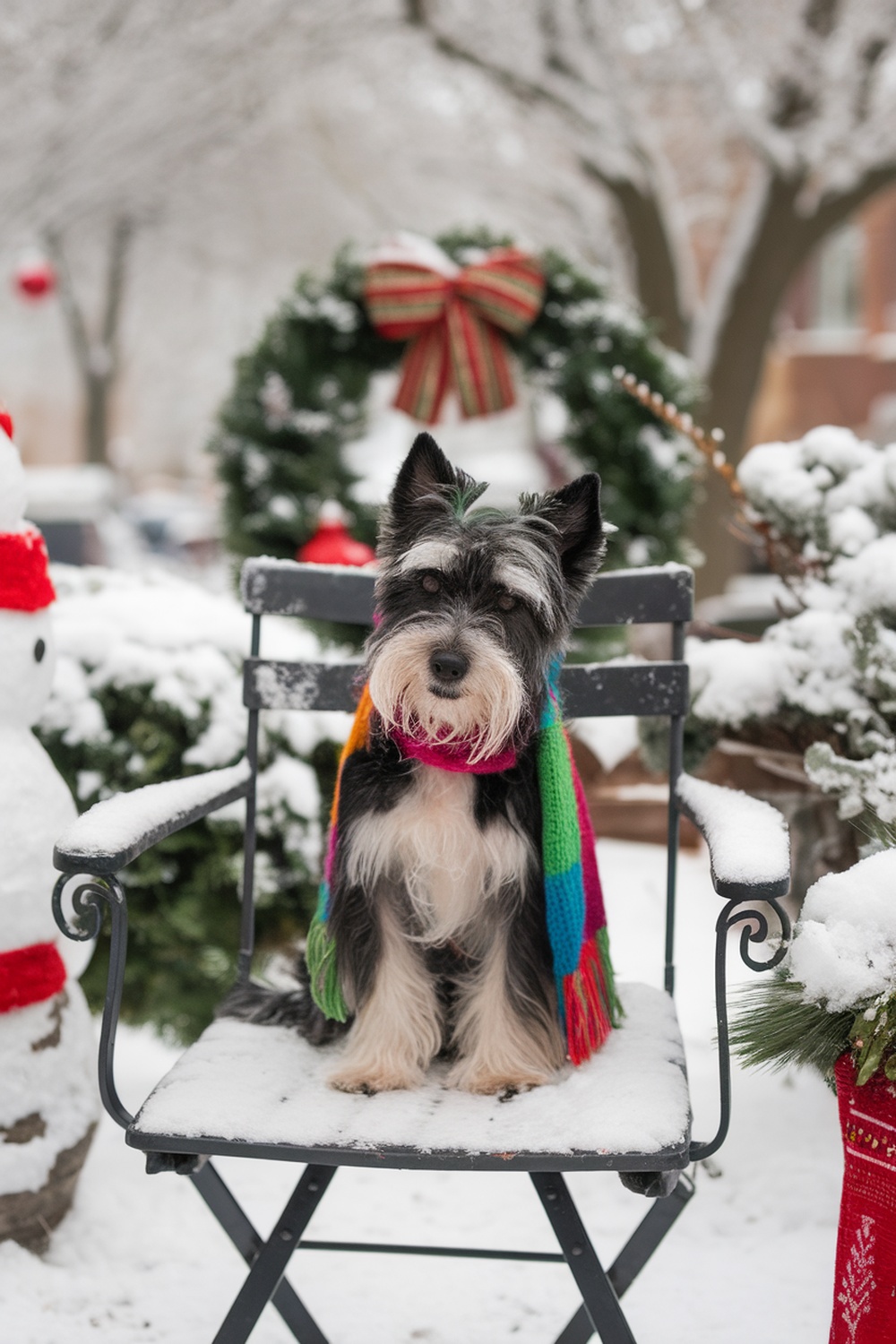 A Tibetan Terrier wearing a colorful scarf sitting on a chair in a snowy Christmas setting.