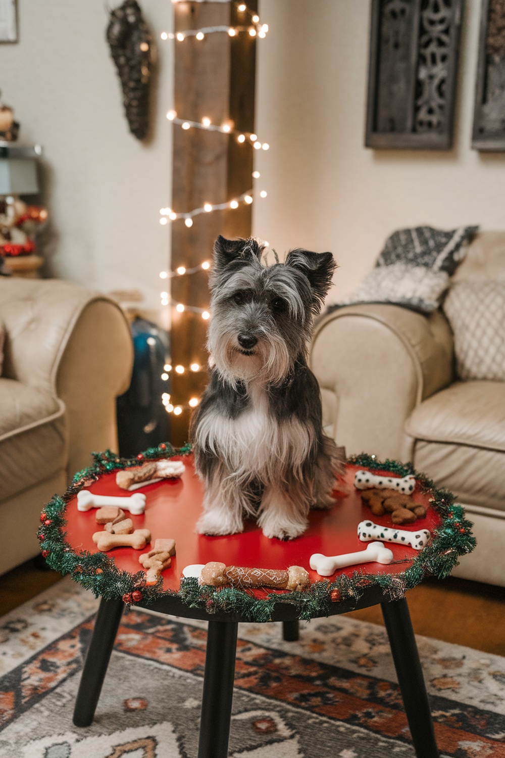 A Tibetan Terrier sitting on a table surrounded by holiday treats.