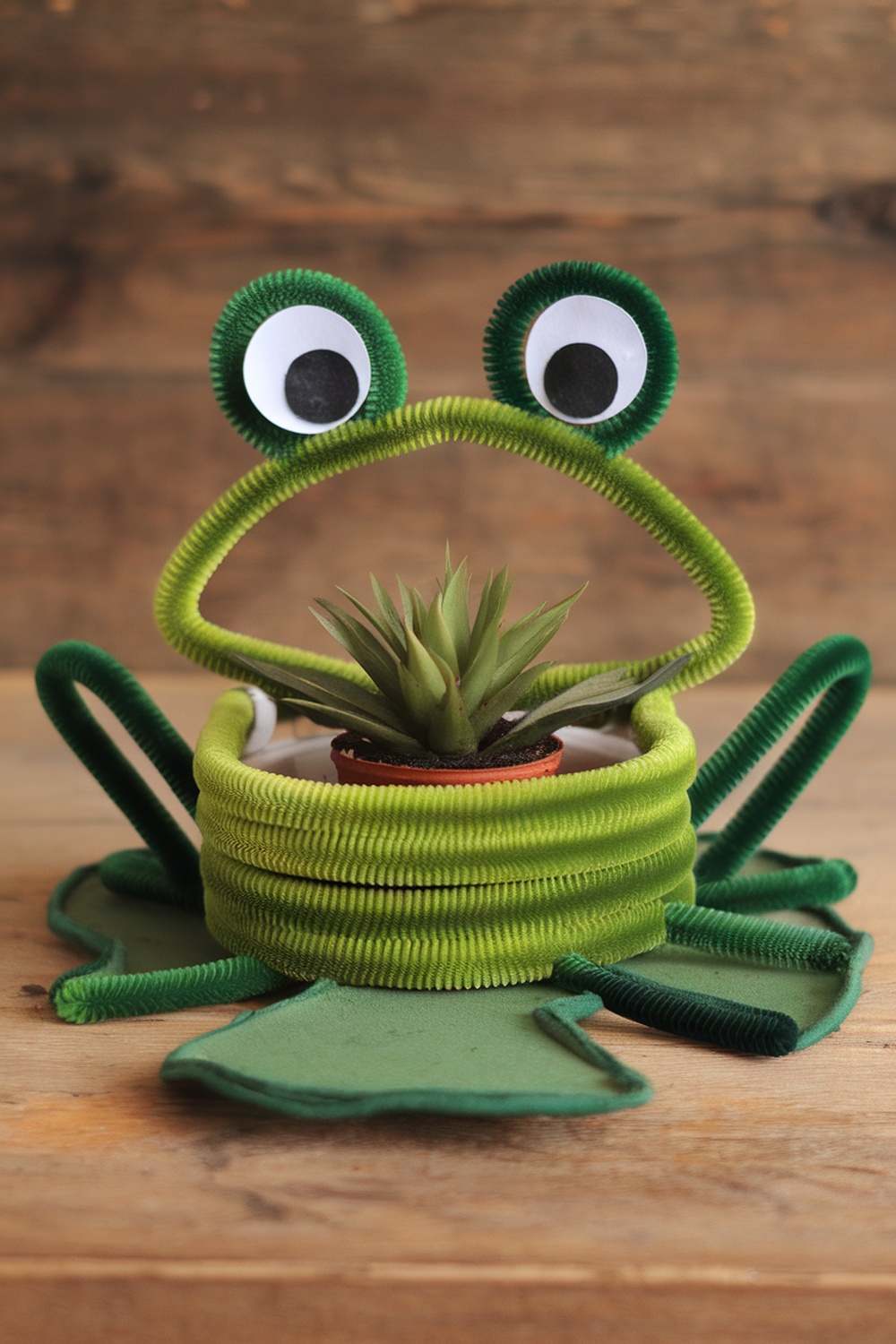 A frog-shaped plant holder made from green pipe cleaners, featuring googly eyes and a small plant inside.