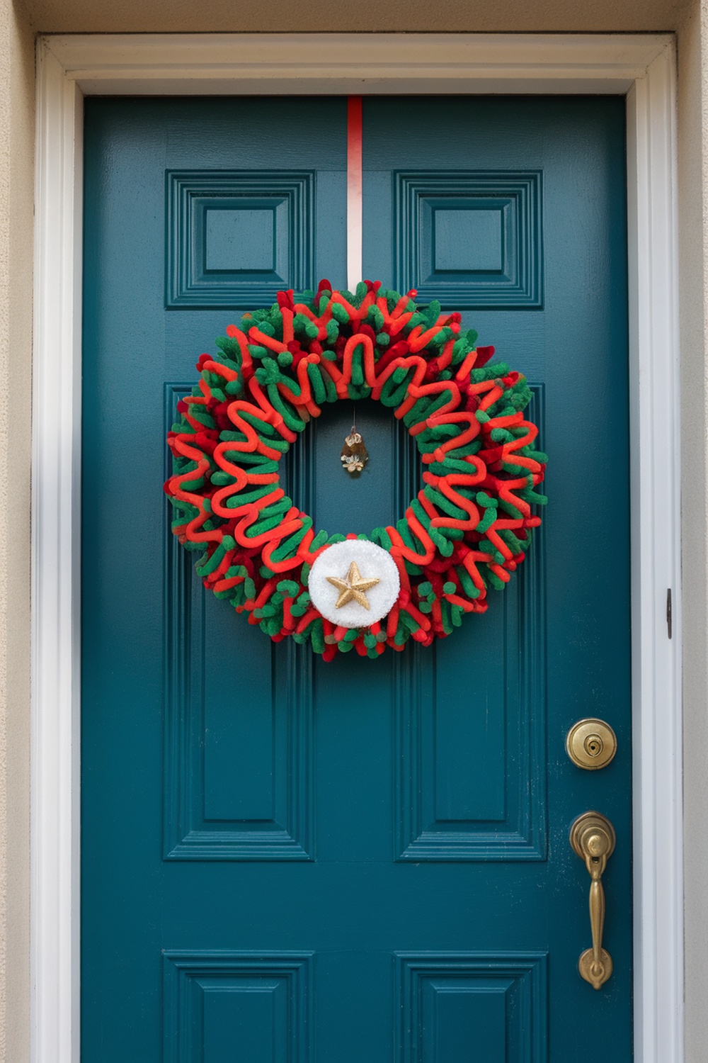 A colorful wreath made of red and green pipe cleaners with a white center and a gold star, hanging on a blue door.