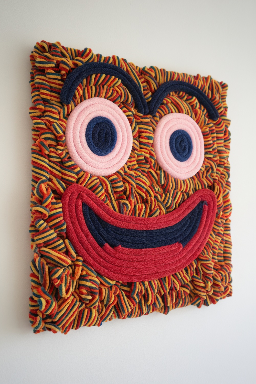 Colorful wall art made from pipe cleaners, featuring a smiling face design.