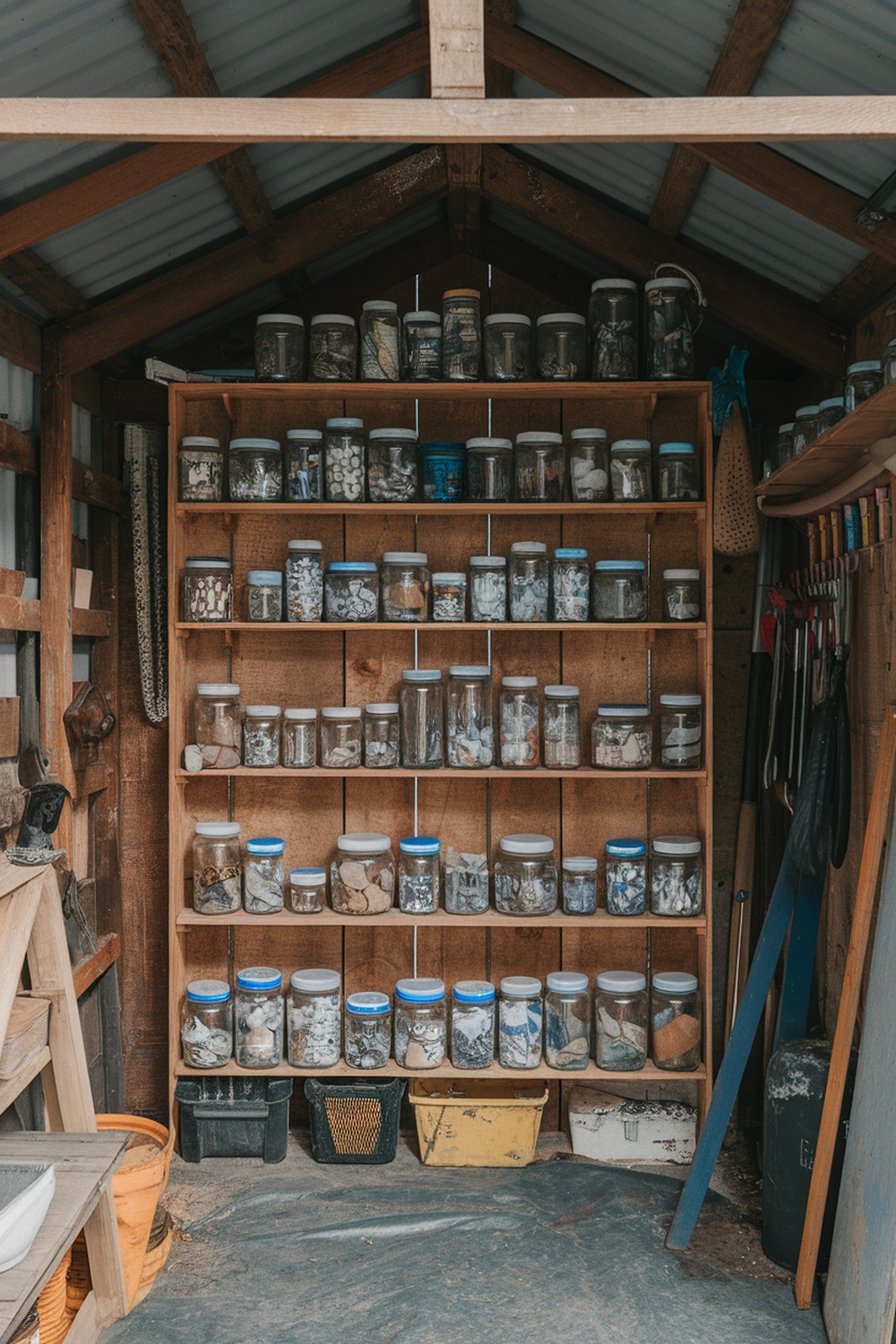 A wooden shelf filled with old jars containing various small parts in a shed.