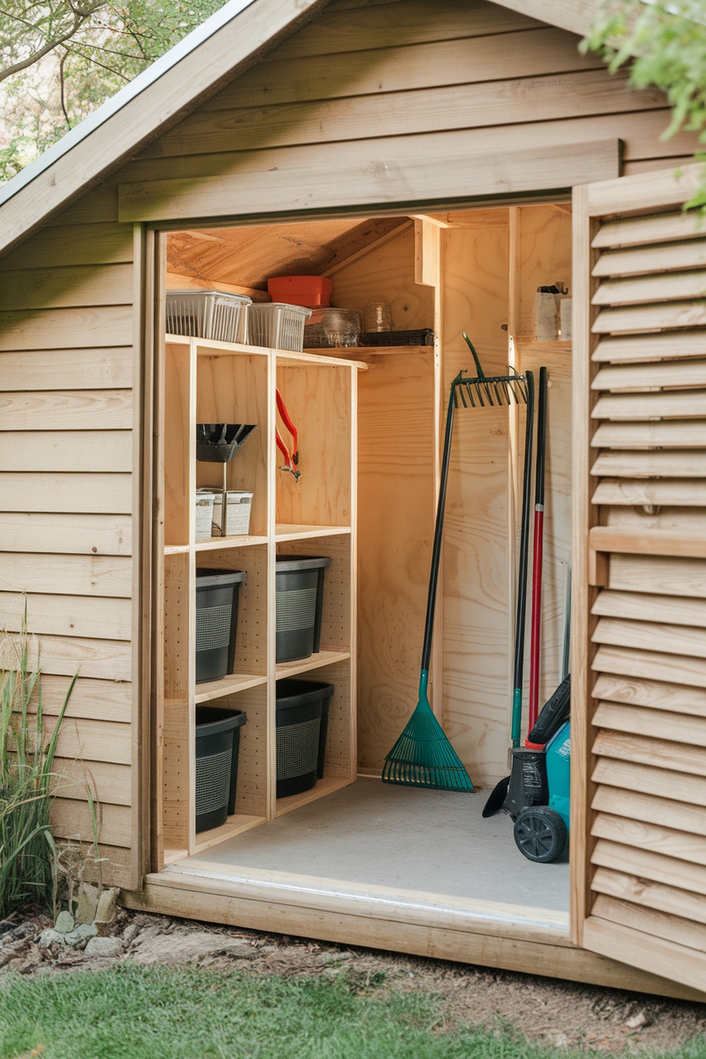 Organized shed with shelves and tools in the corner