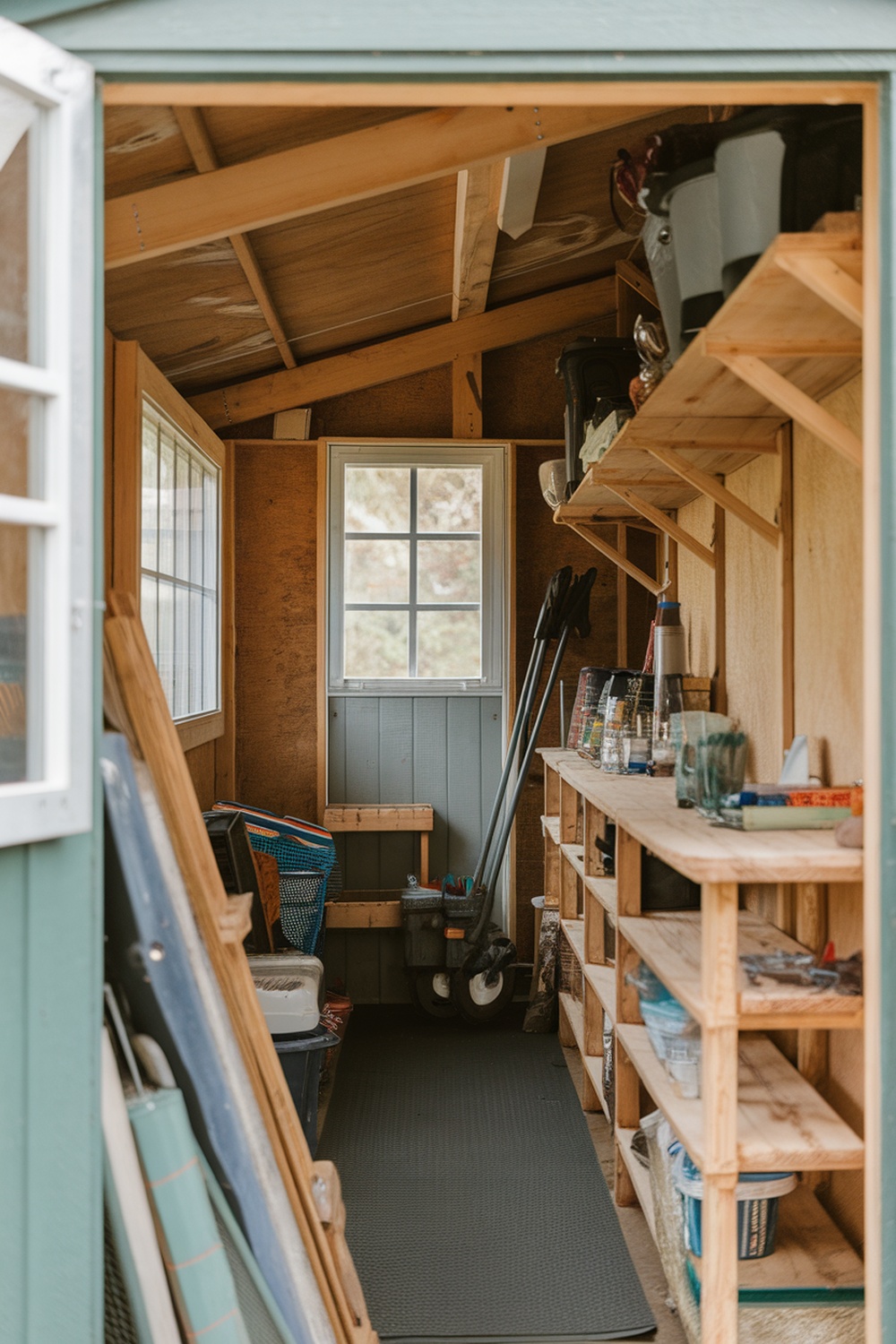 Interior view of a small shed with shelves and organized storage.