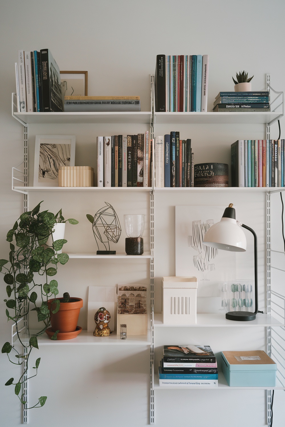 A neatly organized wall shelf displaying books, plants, and decorative items.