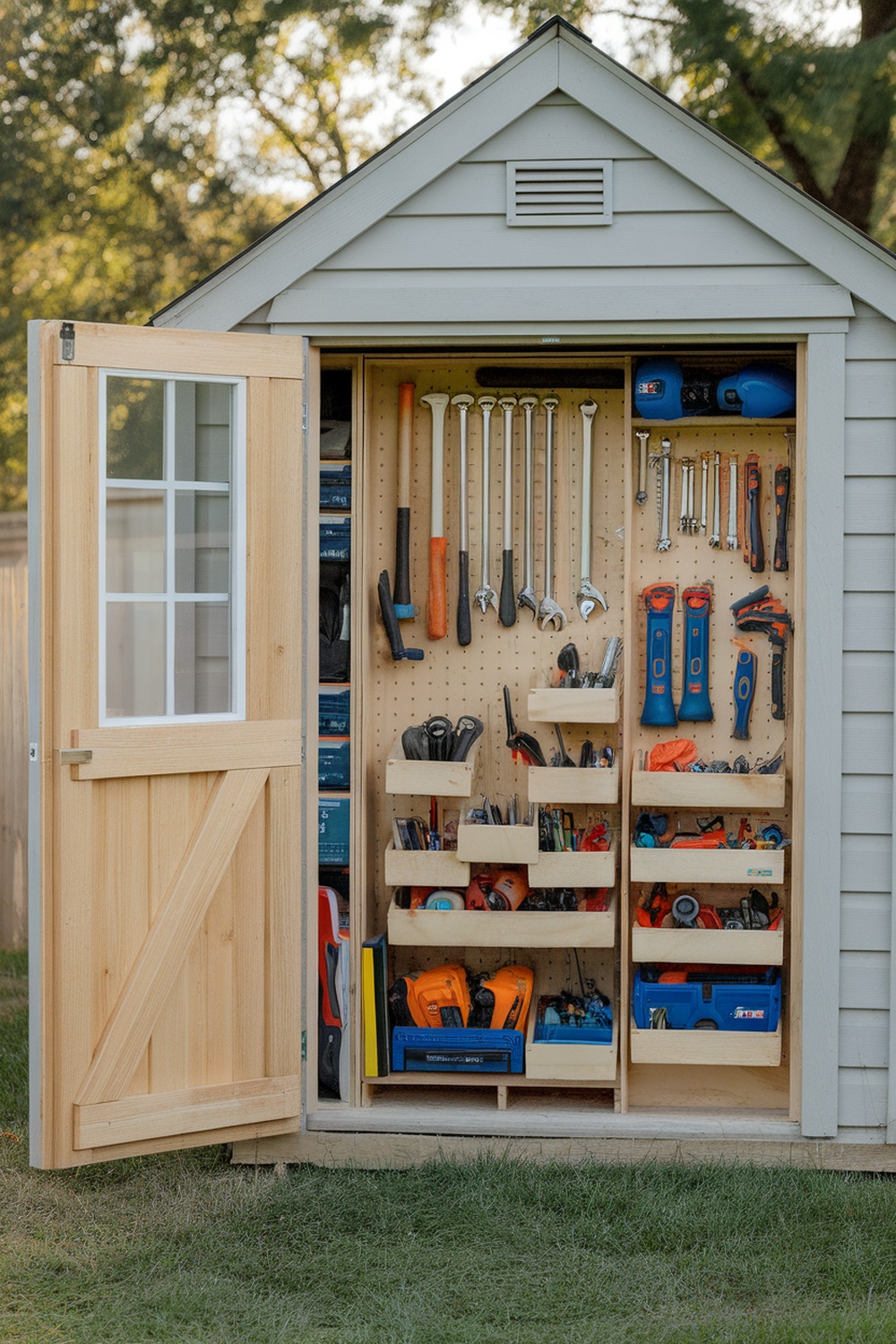 Organized tools on a pegboard inside a small shed.