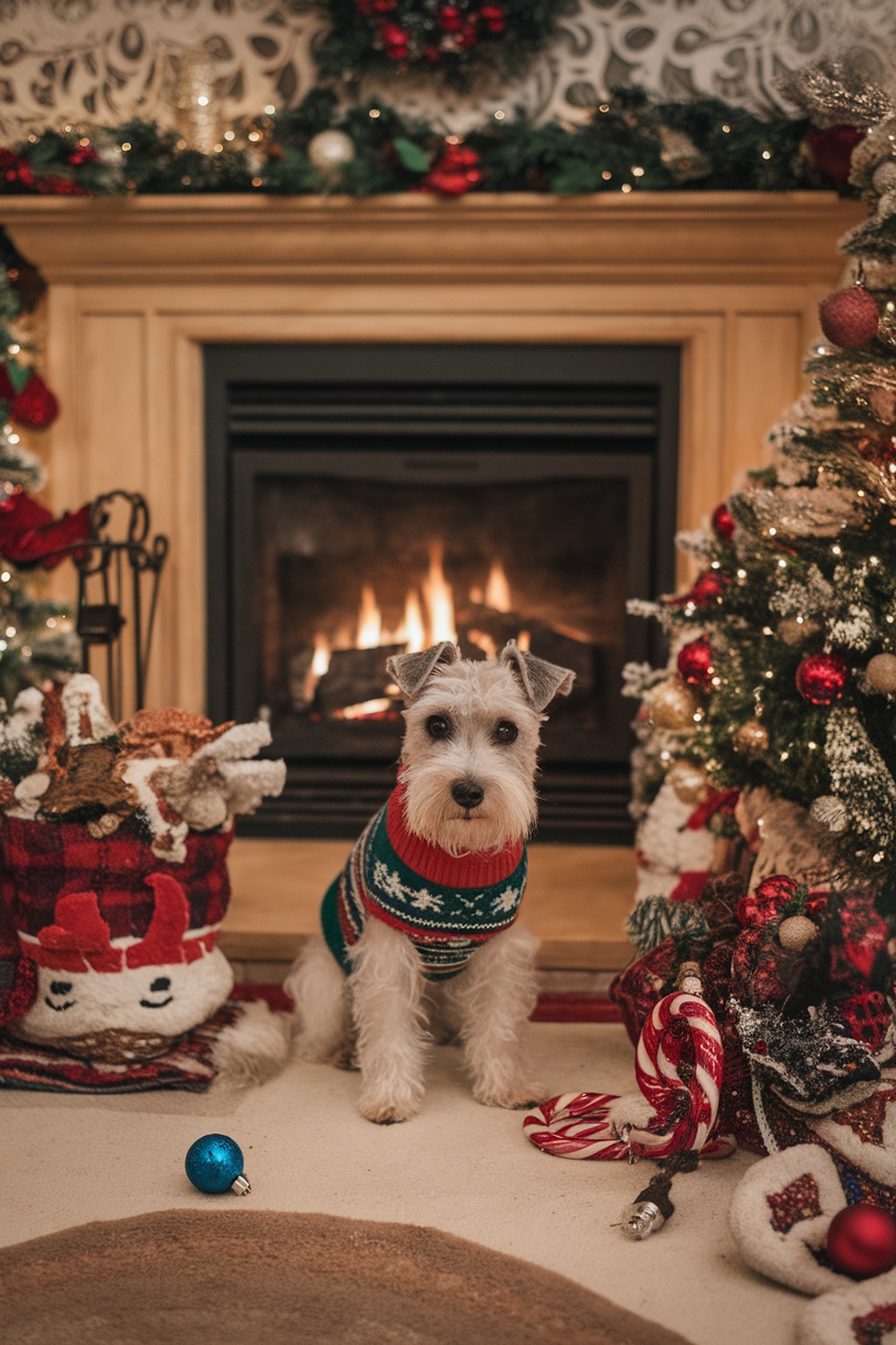 A Welsh Terrier in a festive holiday setting with a fireplace and Christmas decorations.