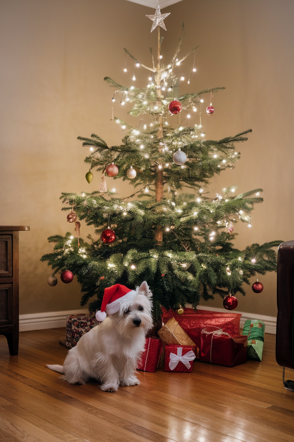 A West Highland White Terrier wearing a Santa hat sitting in front of a decorated Christmas tree.
