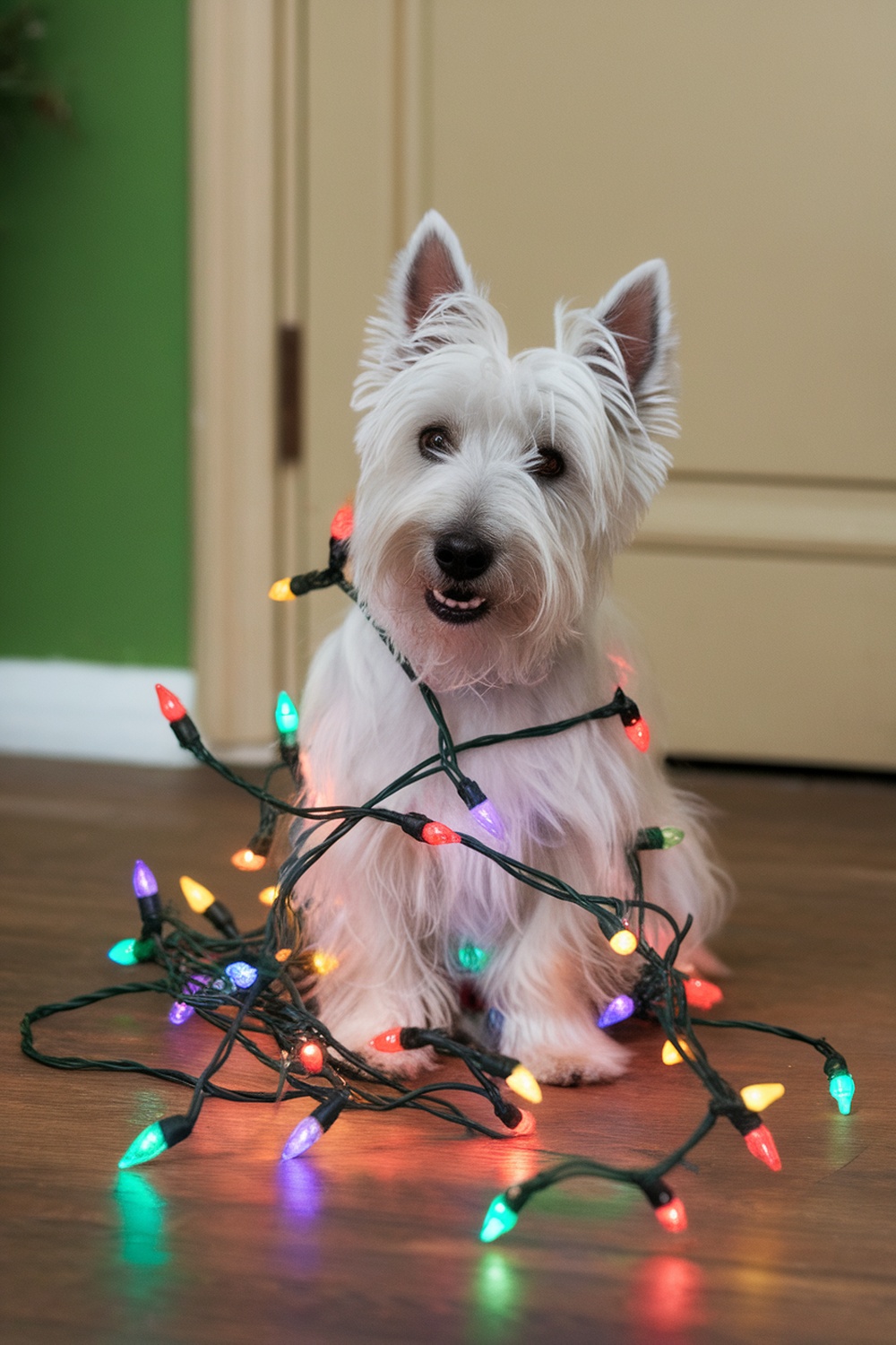 West Highland White Terrier wrapped in colorful Christmas lights