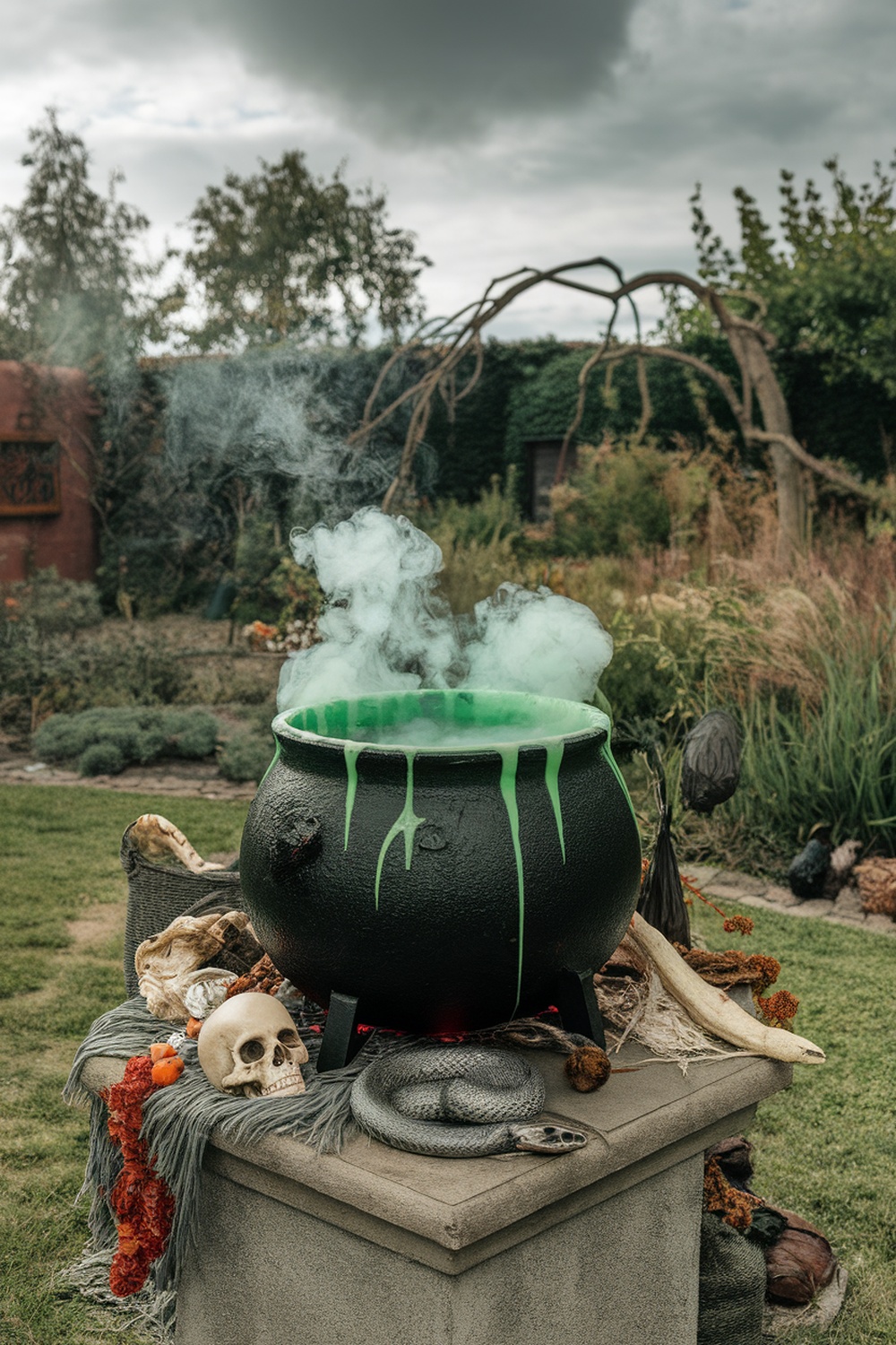 A spooky cauldron with green liquid and smoke, surrounded by Halloween decorations.