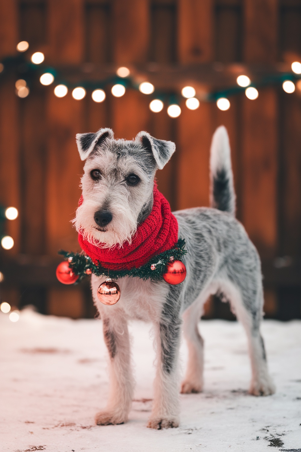 A Wire Fox Terrier wearing a red scarf and festive ornaments in a snowy setting.