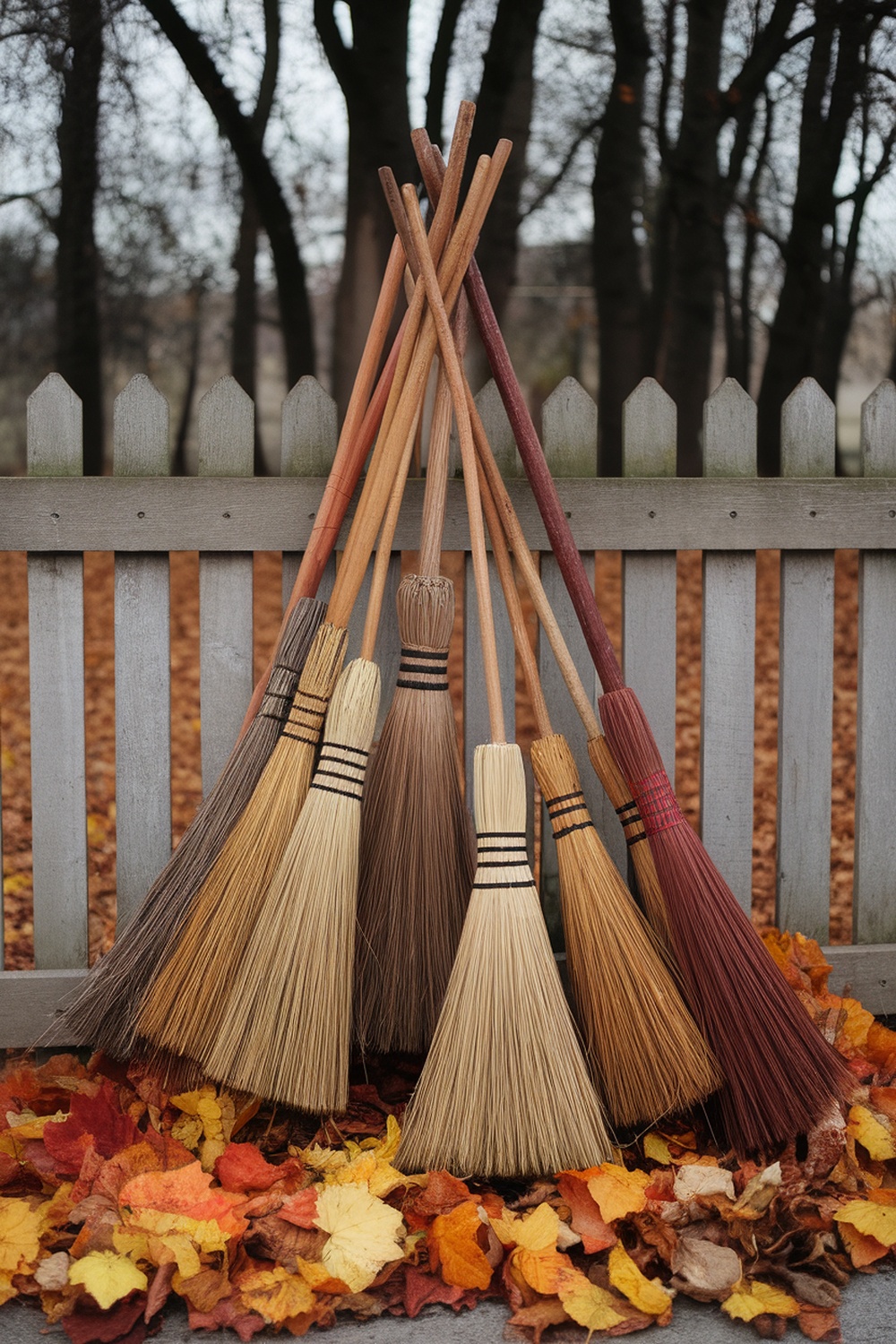 A collection of broomsticks leaning against a wooden fence, surrounded by fallen autumn leaves.