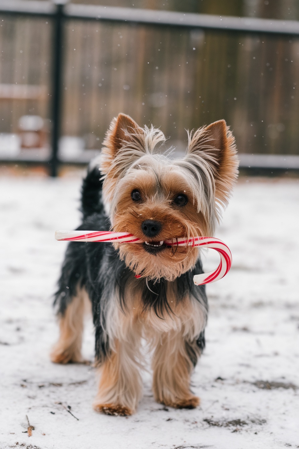 Yorkshire Terrier holding a candy cane in the snow