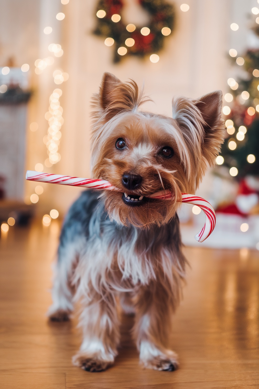 A Yorkshire Terrier holding a candy cane in its mouth, surrounded by Christmas decorations.