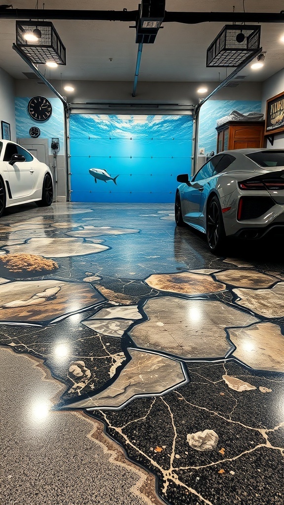 3D epoxy floor art in a garage, resembling a rocky underwater landscape with two cars parked.
