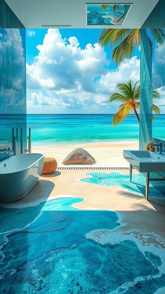 A bathroom with a 3D epoxy floor design resembling a beach, featuring a white bathtub and modern decor.