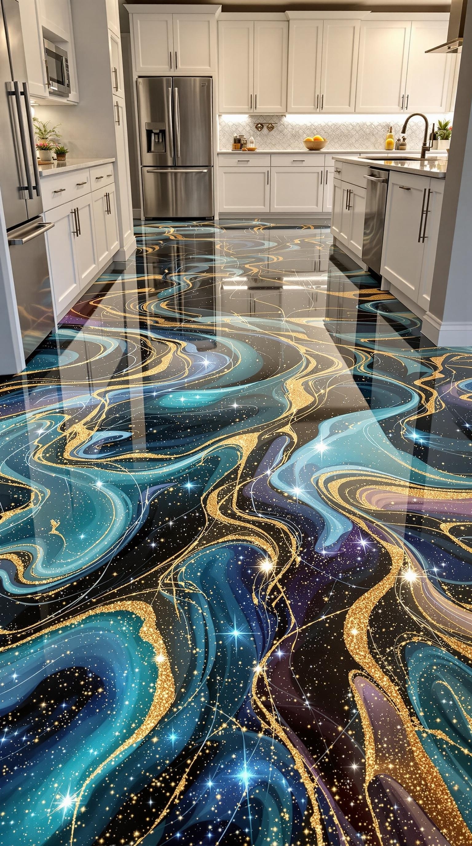 A modern kitchen with a stunning 3D metallic epoxy floor featuring swirling blue and gold patterns.