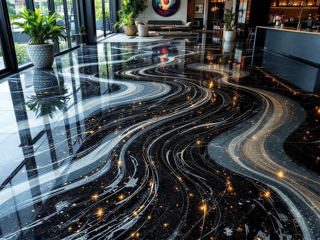 A luxurious 3D epoxy floor design with swirling patterns and sparkling elements, showcasing a modern and elegant look.