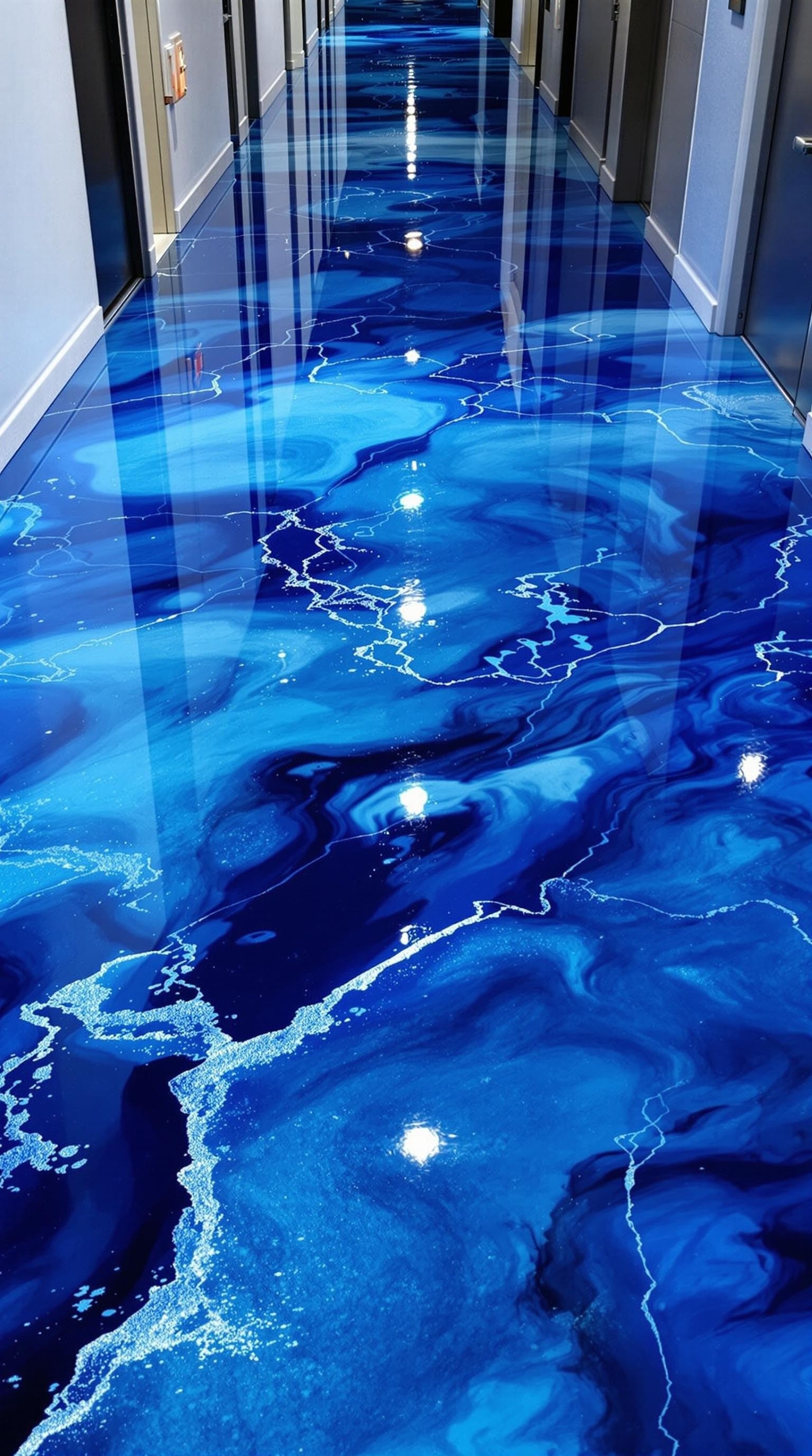 A hallway with a glossy blue epoxy floor featuring abstract ocean-like patterns.