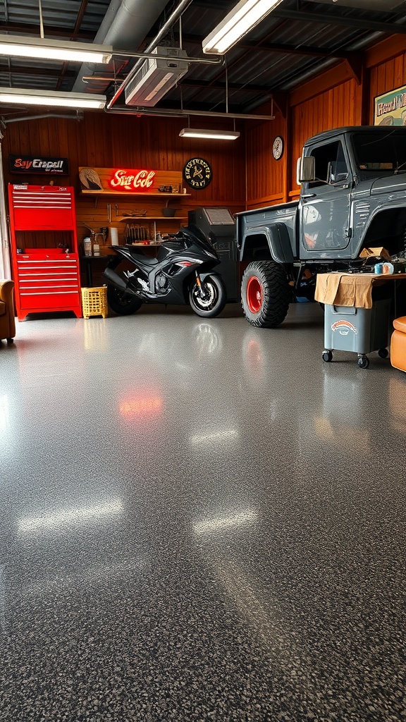 A sleek garage workshop with a high-gloss epoxy floor, showcasing a motorcycle and a vintage truck.