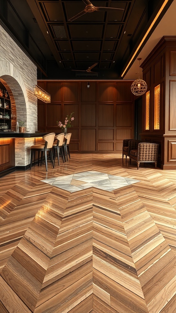 Art Deco inspired epoxy floor with herringbone design and marble accents.